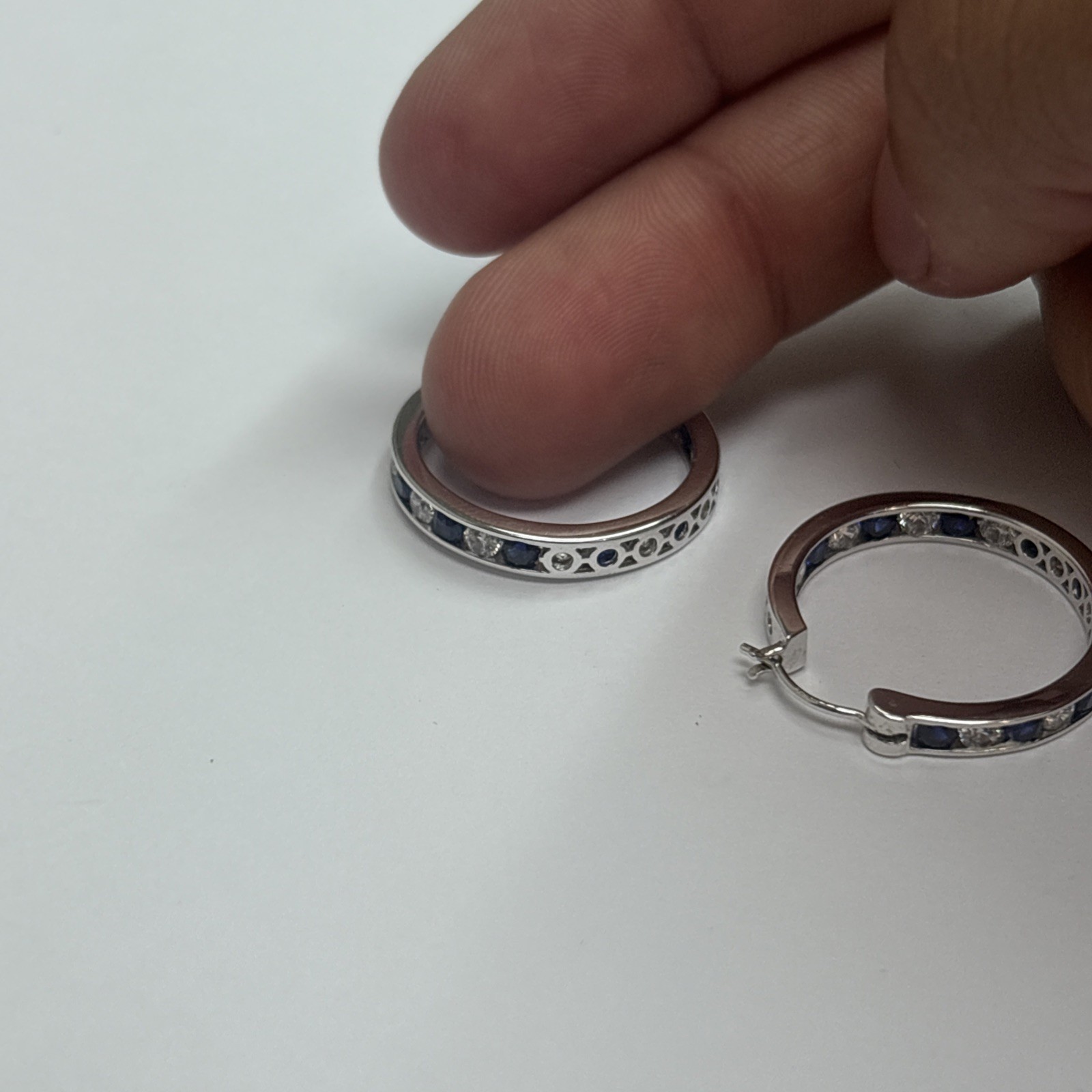 Women’s Earrings Blue And Whit Cz Stones Hoop Style As Is 925 Silver