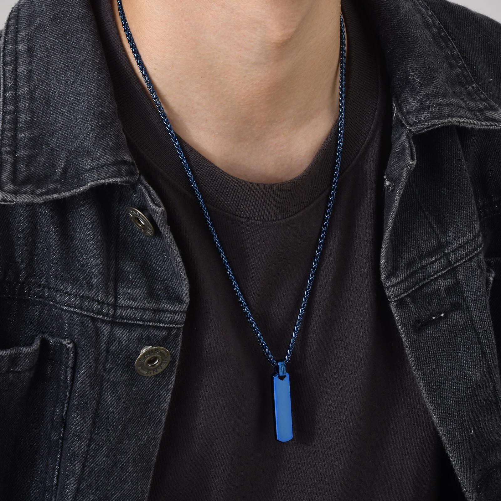 Men Blue Rectangular Bar Necklace Stainless Steel Simple Pendant Wheat Chain 24′