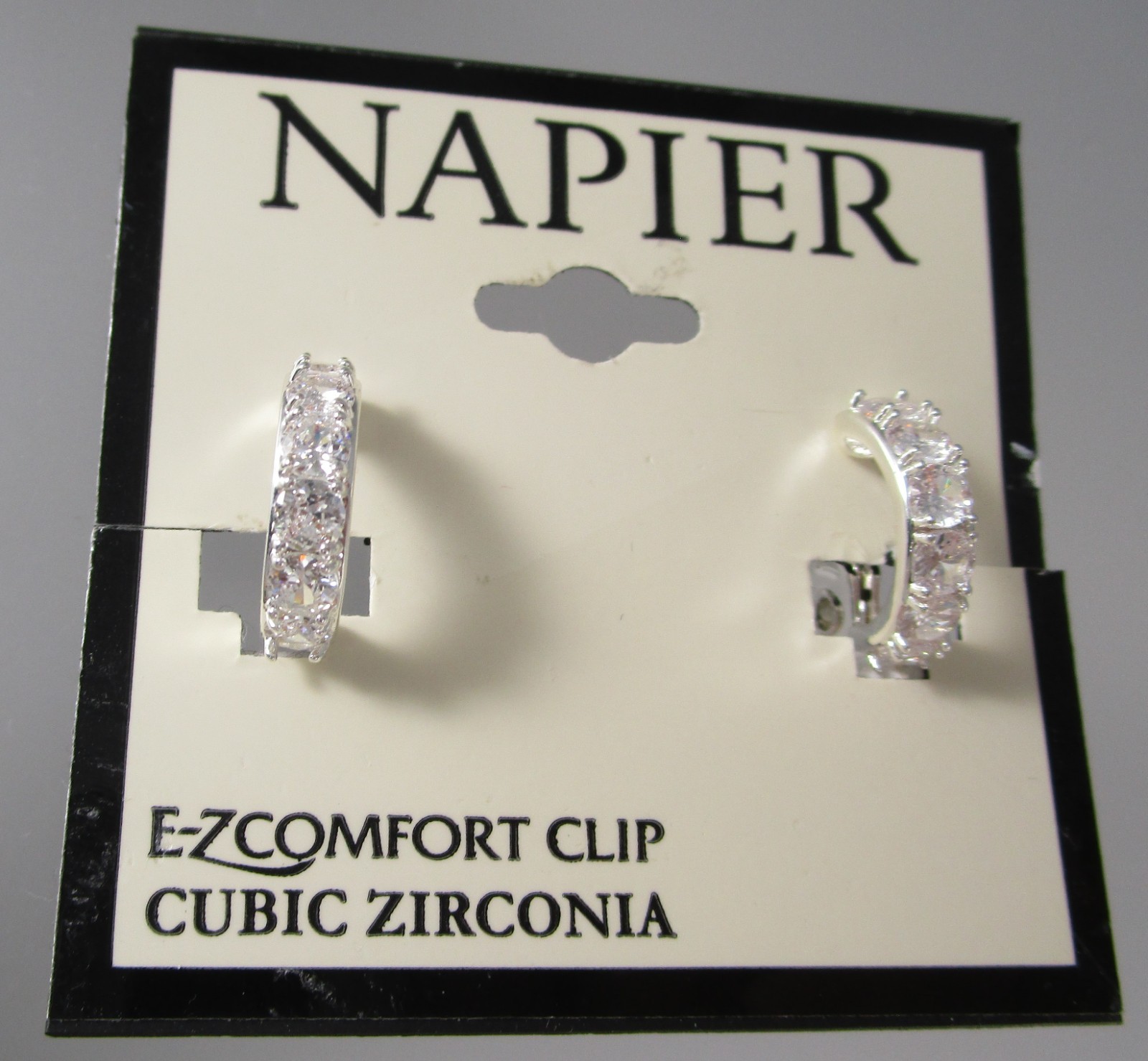 NWT NAPIER 5/8″ Silver Tone Hoop Cubic Zirconia Design Clip on Earrings 172N