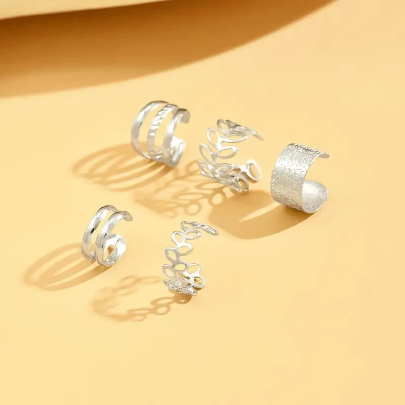 Trendy 5 Piece Wrap Cuff Earring Set Fits One Ear No Piercing Silver Toned