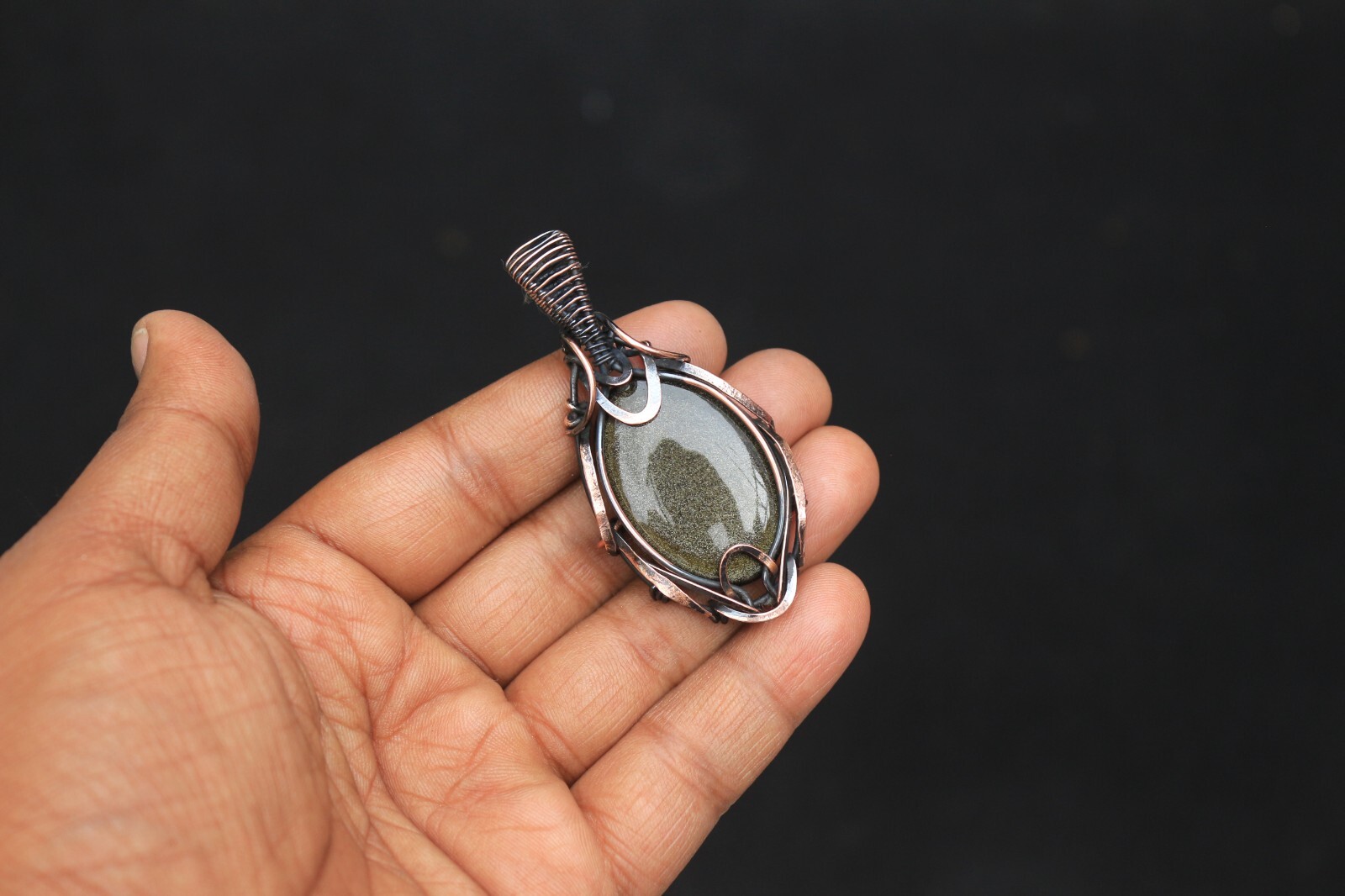 Golden Sheen Obsidian Copper Pendant Wire Wrap Gemstone fashion Jewelry N474