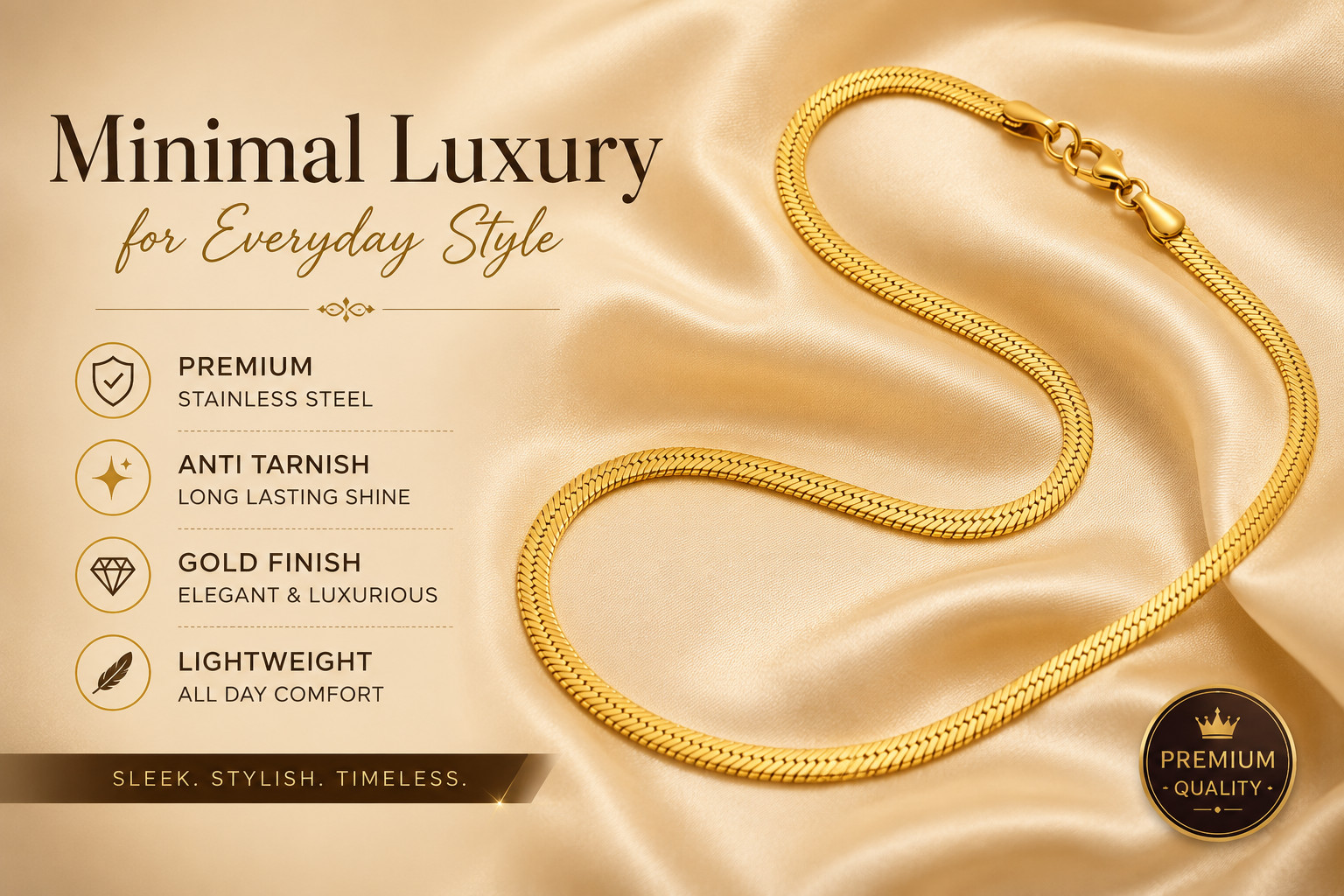 Premium Gold Finish Stainless Steel Chain 22 Inch Unisex Necklace for Men&Women