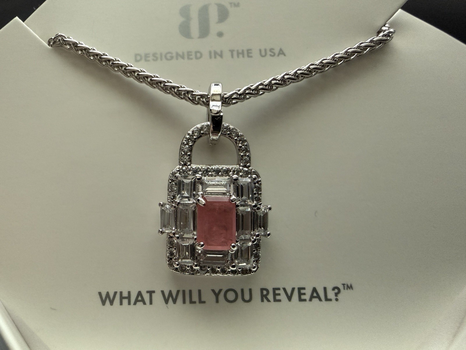 BP Rose Quartz Cubic Zirconia Rhodium Plated Pendant Necklace 18″+2.5″ Extender