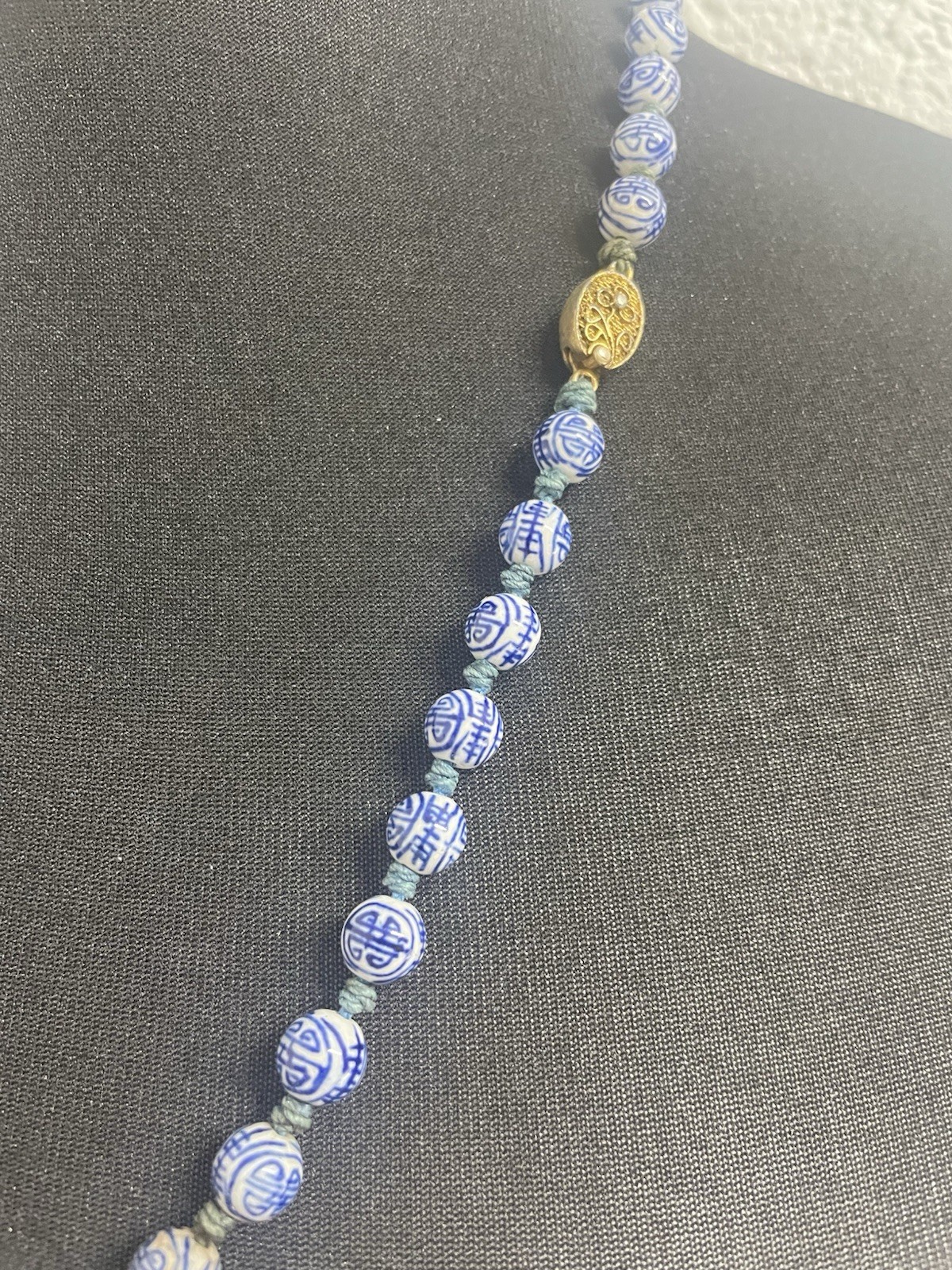 Vintage Chinese Blue &White Porcelain Hand Painted Beads Longevity Necklace