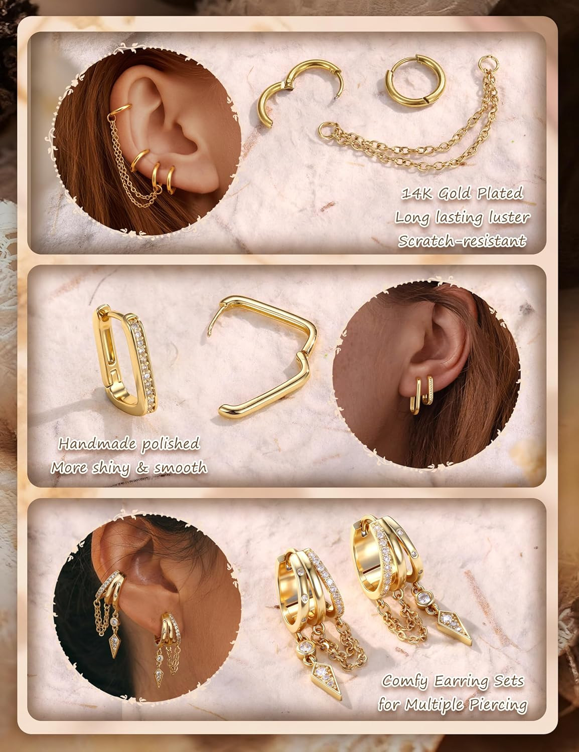 Hypoallergenic Earring Stacks – Non Tarnish 14K Gold Plated Surgical Steel Earri