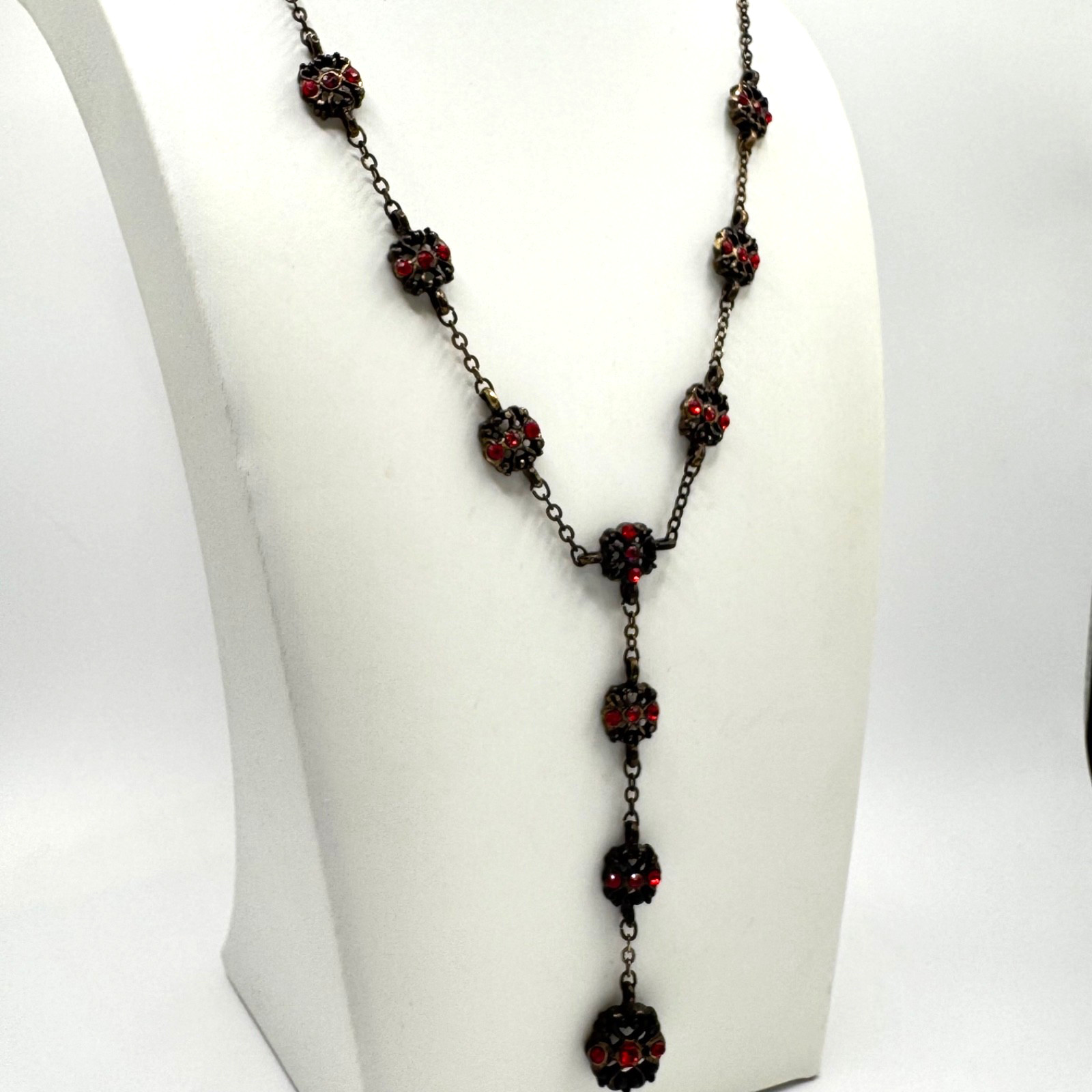 Gothic Red Rhinestone Y Drop Necklace Filigree Rosary Style Antique Bronze Goth