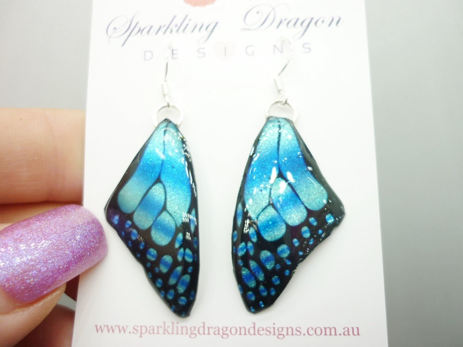 Butterfly Wing Medium Size Earrings Blue Stained Glass- Fairy Jewellery, Fairy