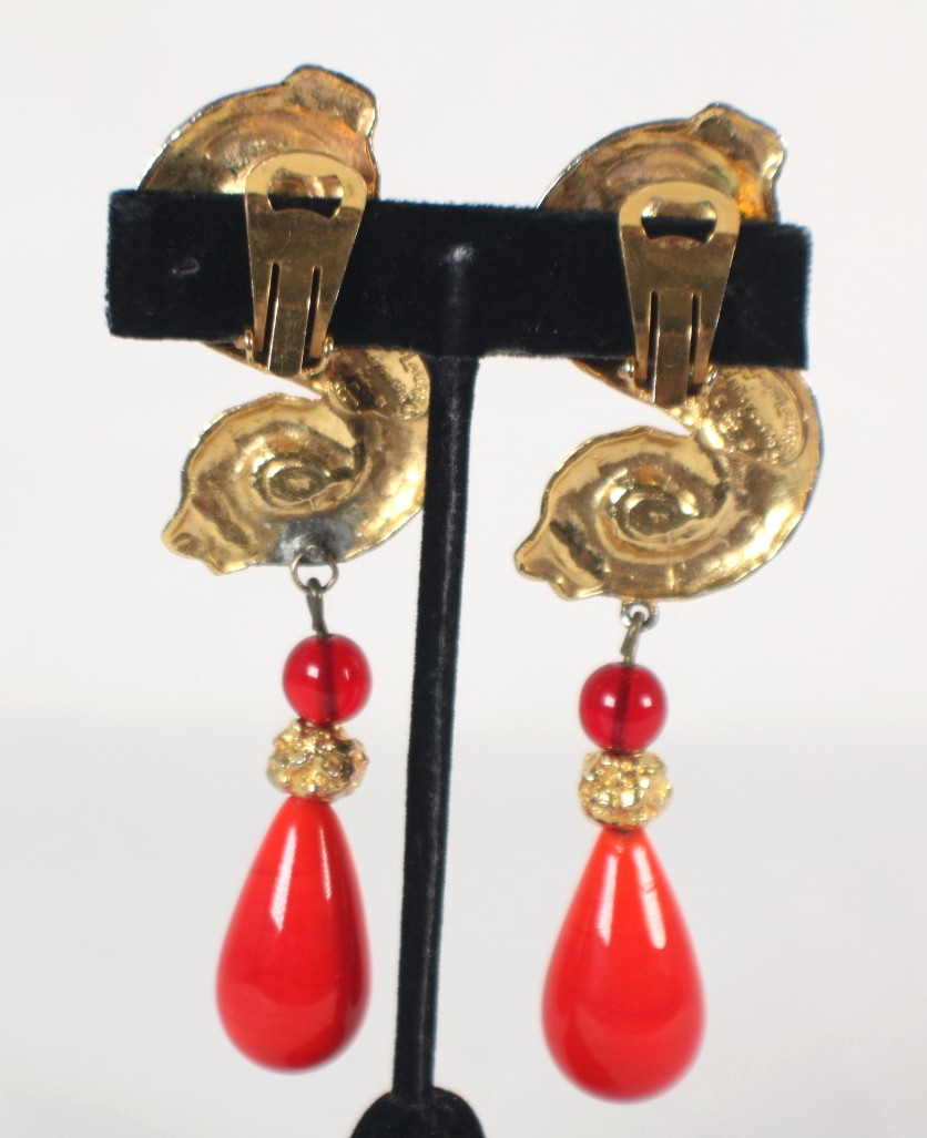 YVES SAINT LAURENT Vintage Gold Metal, Crystal & Glass S-Swirl Clip-On Earrings