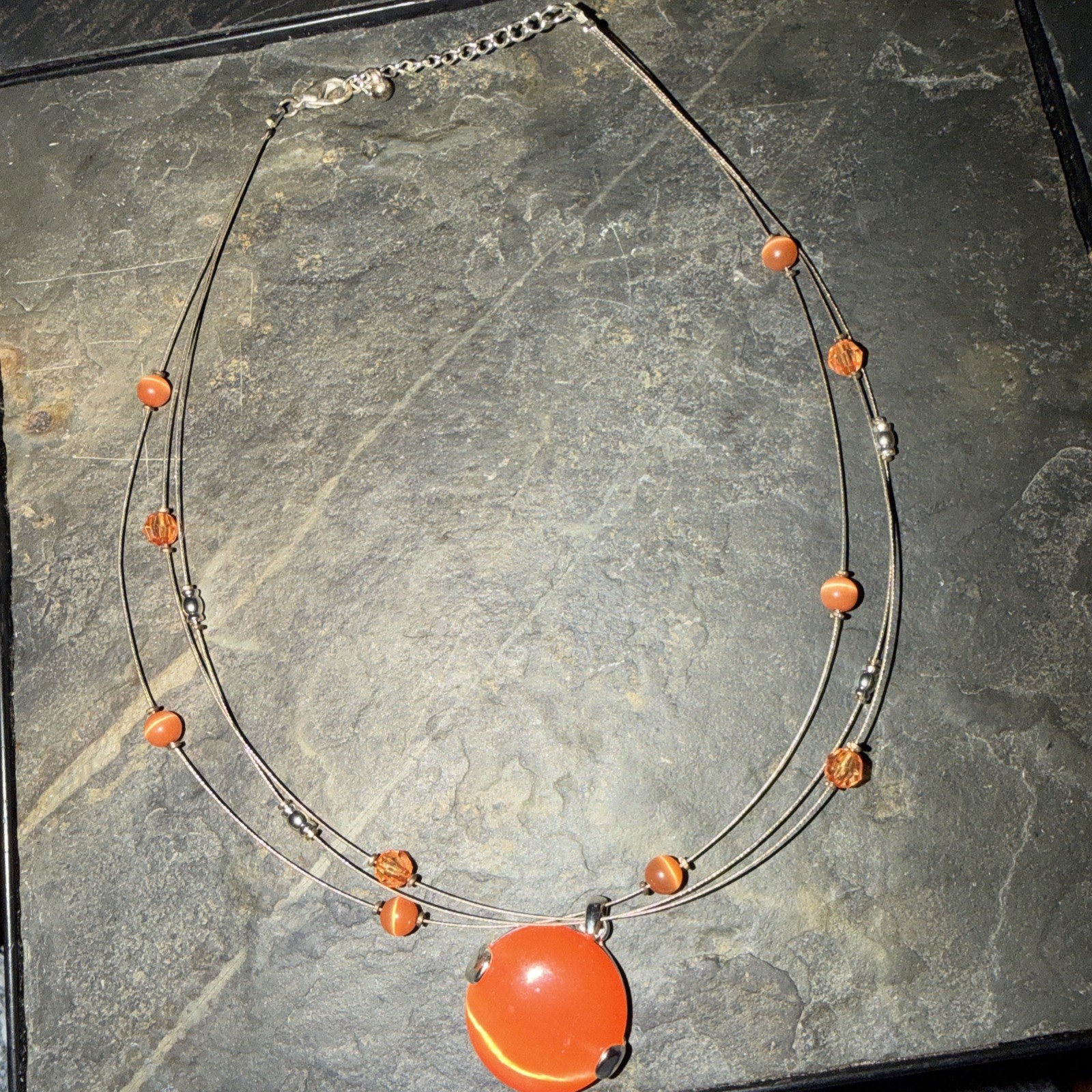 Multi Strand Wire Necklace Orange Pendant Beaded Station Necklace Adjustable