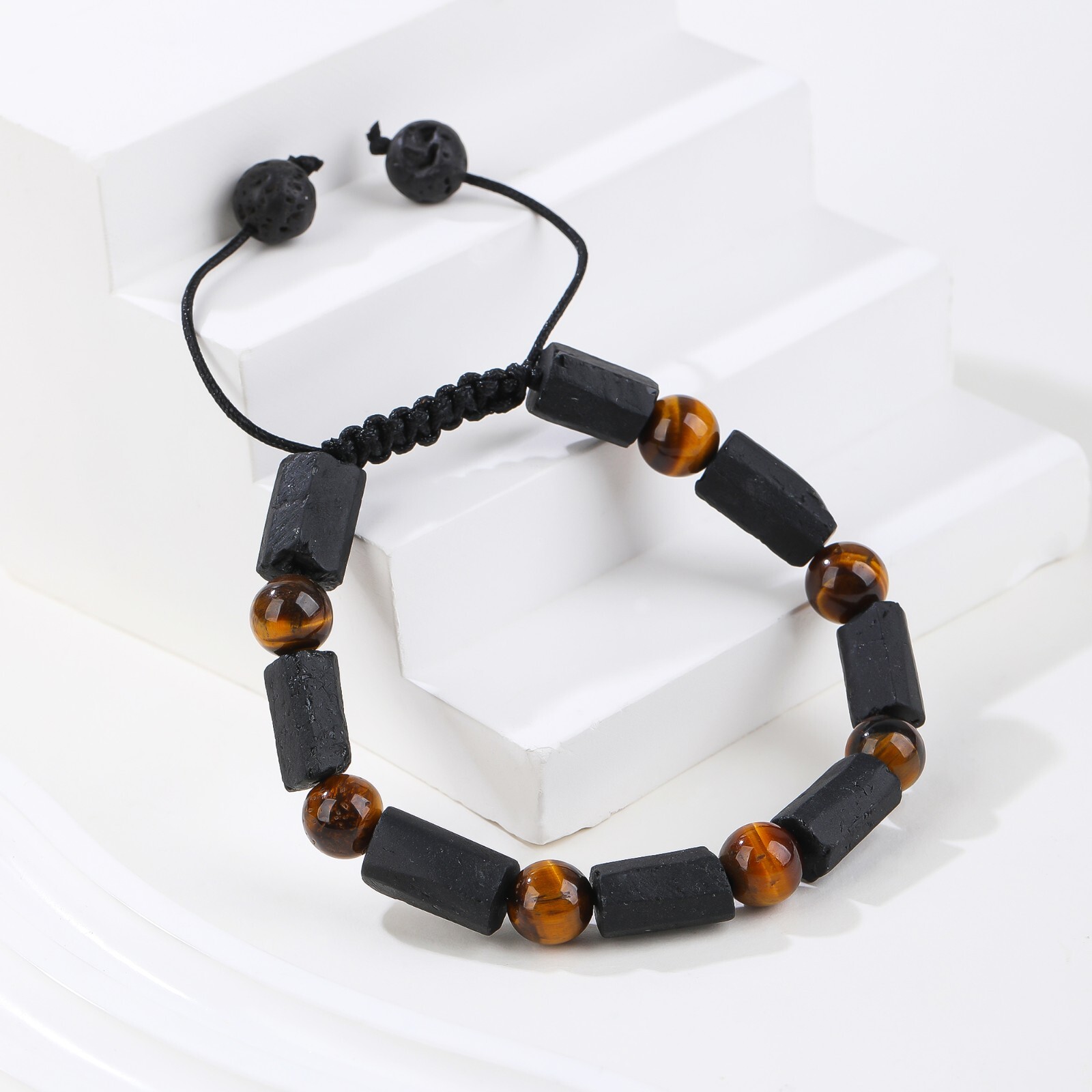 Handmade Black Tourmaline Bracelet with Tiger Eye Beads, Adjustable Bracelet