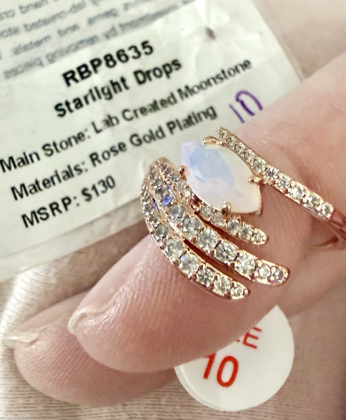 RBP8635 Starlight Drops, Moonstone Rose Gold Plating Ring Sz 10, I BUNDLE!!