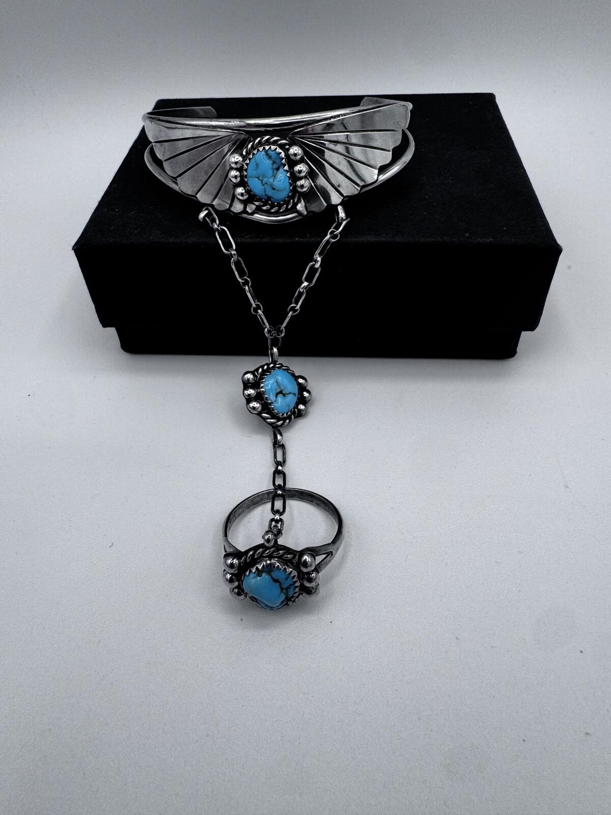 Navajo Native American sterling silver slave cuff;bracelet to hand chain to ring
