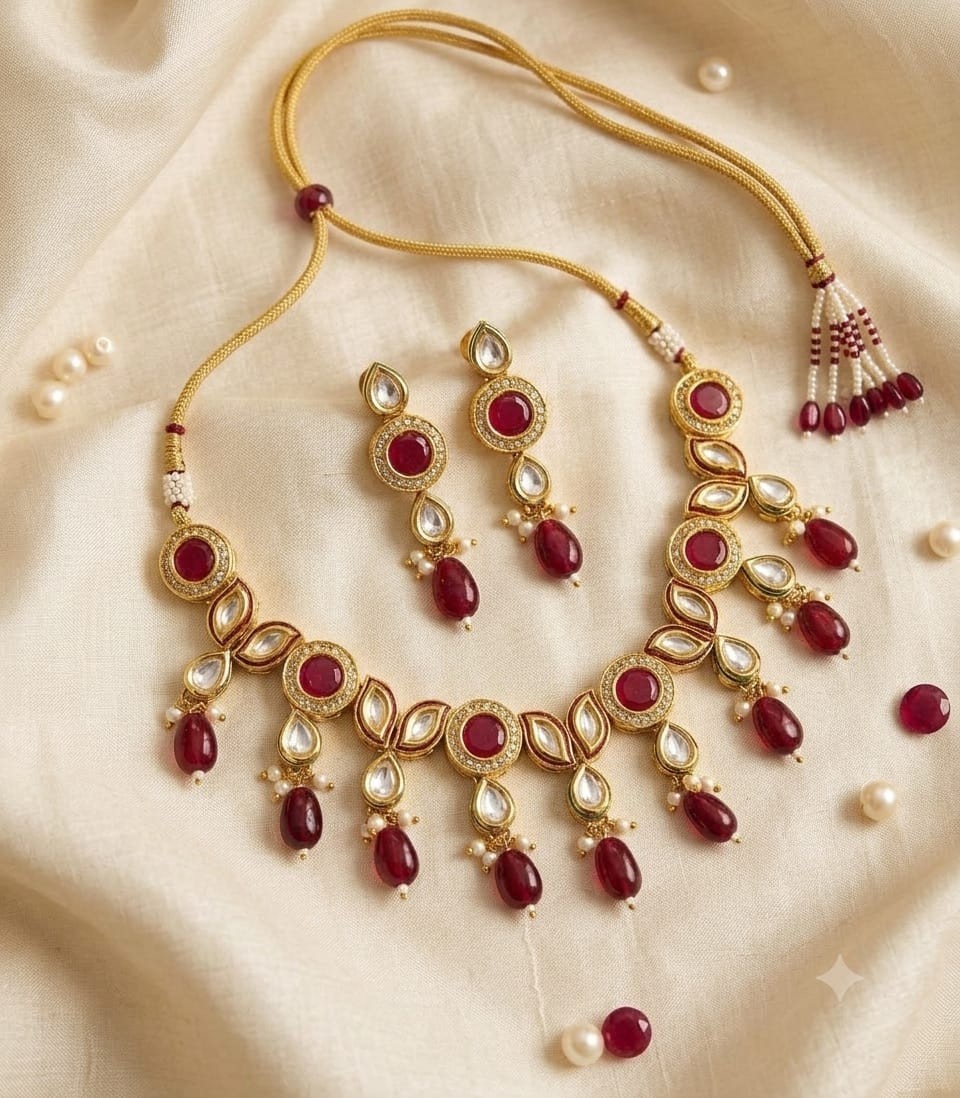 Gold Plated Kundan Ruby Pearl Bridal Necklace Set Wedding Jewelry Women