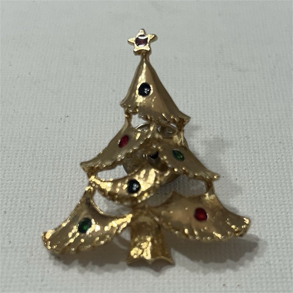 Gold Tone Metal Christmas Tree Brooch Pin Back Red Green Blue Accents