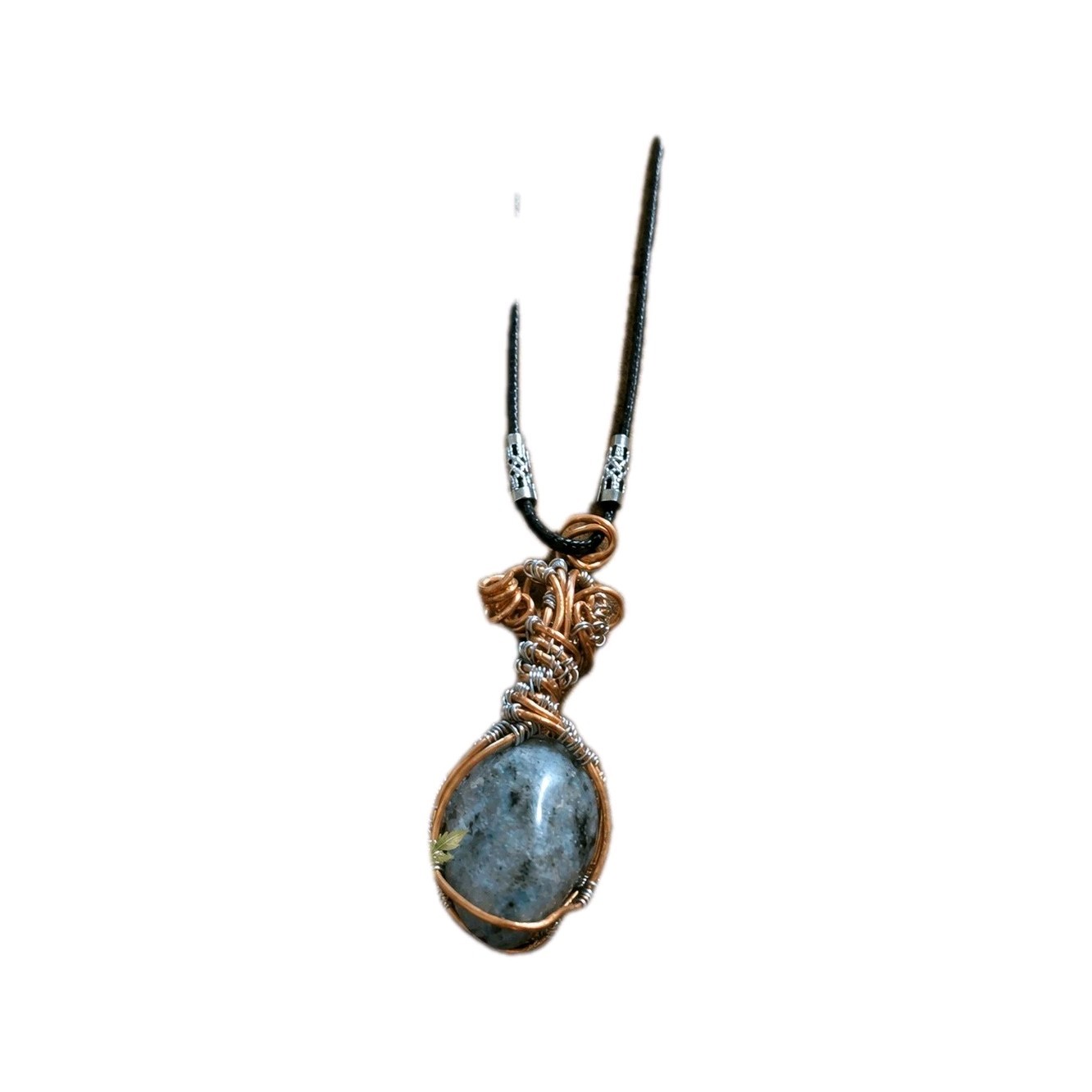 Handcrafted Copper Wire Wrap Oval Gray Stone Pendant Necklace on Black Cord