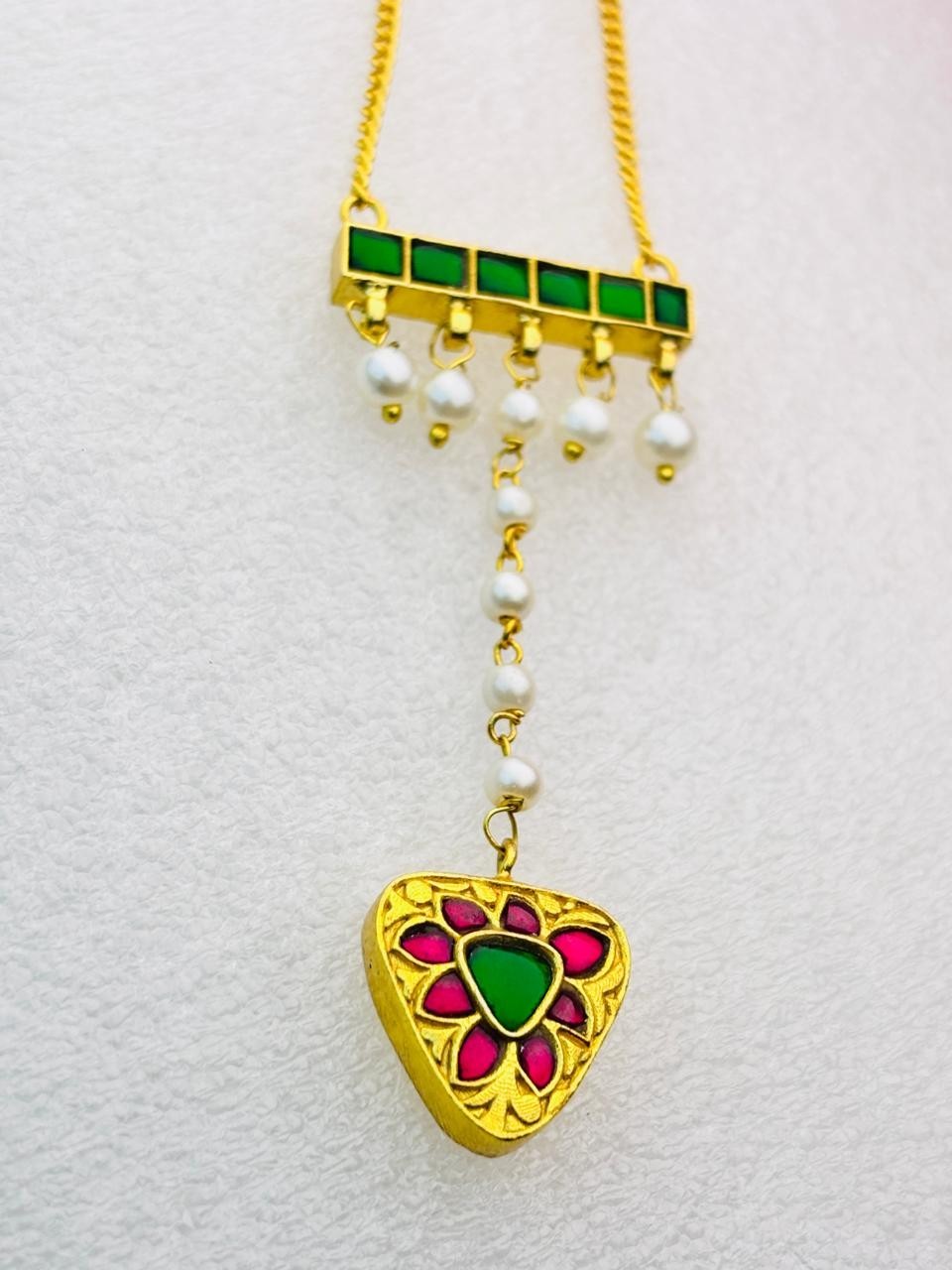 925 Silver Green Pink Triangle Pendant Set Gold Plated Pearl Gift For Women