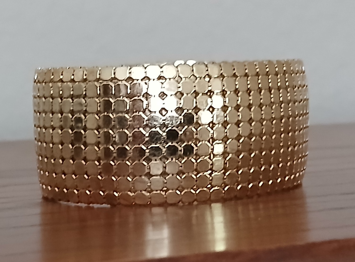 Vintage Gold Tone Wide Cuff Hexagon Honeycomb Textured