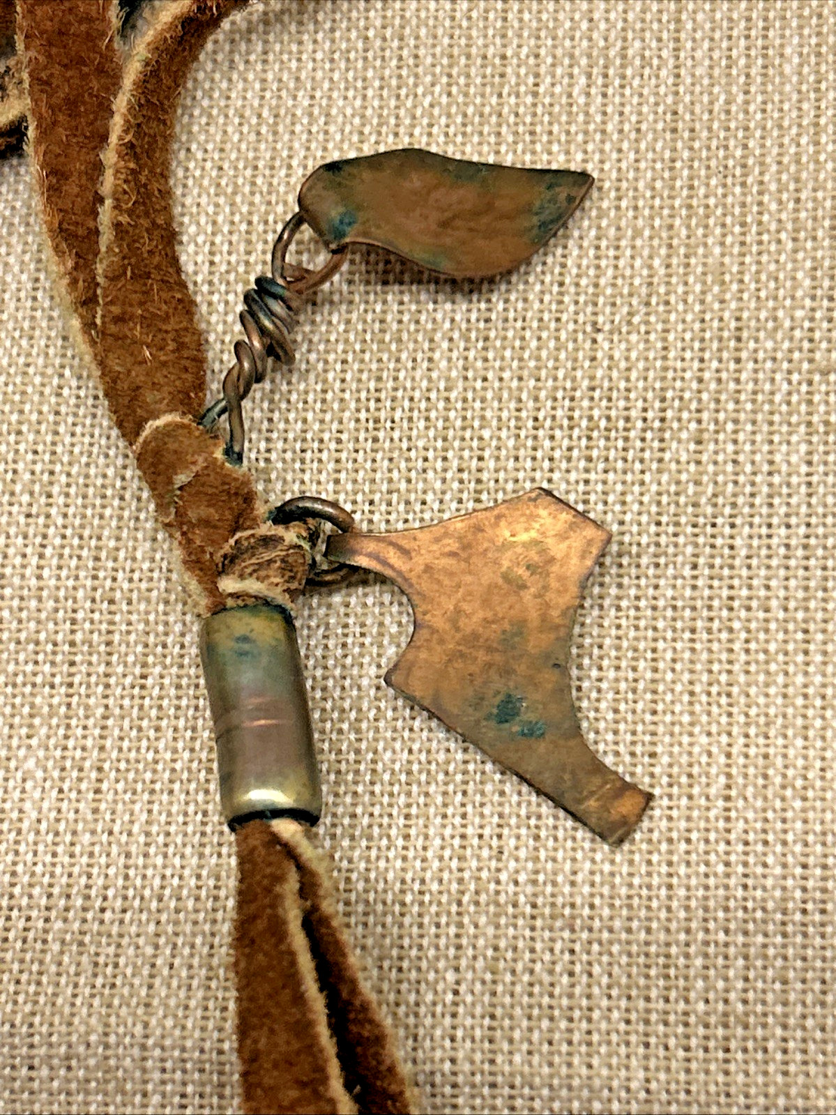Set of Two Boho Tribal Style Necklaces Leather Cord Copper Metal Charms Beads