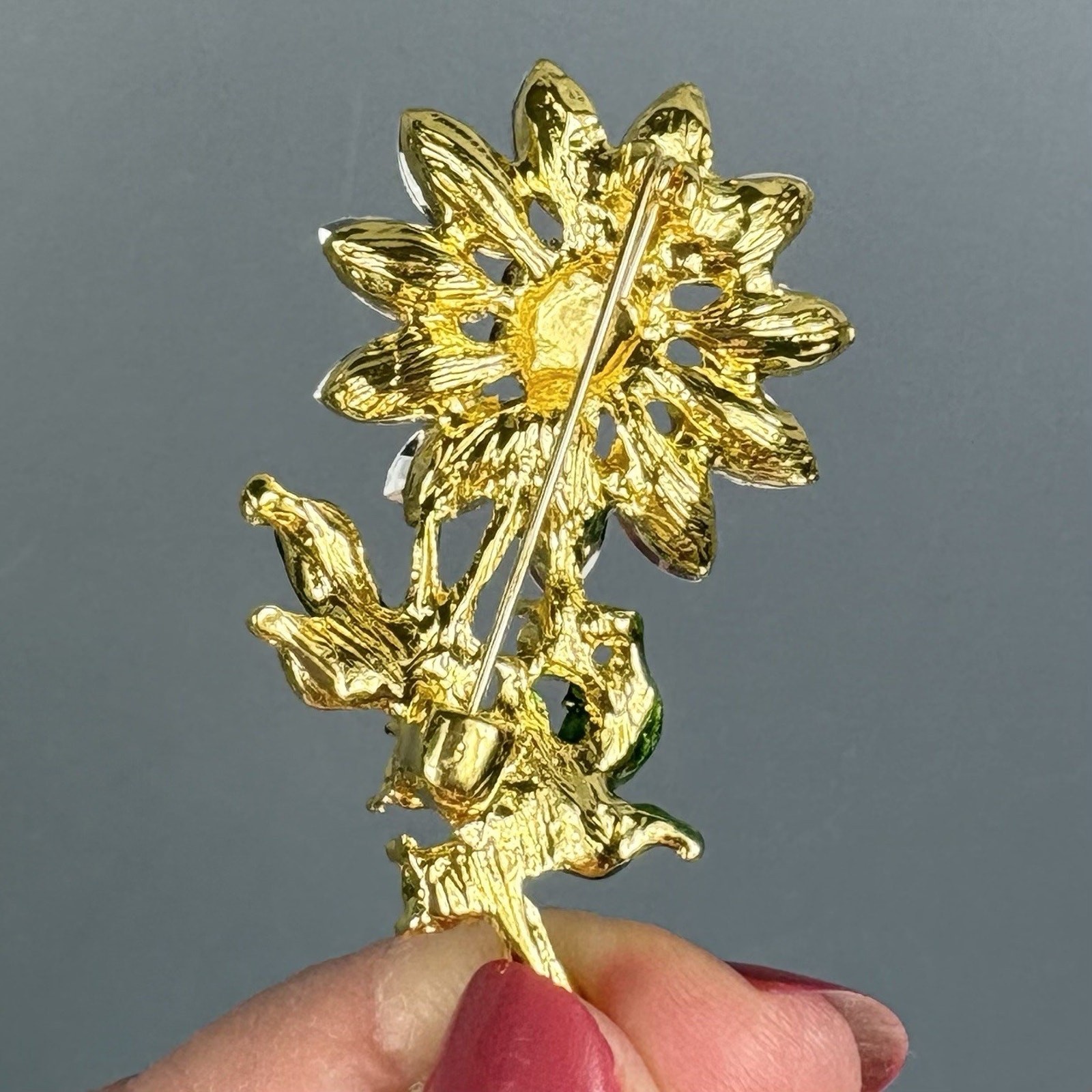 Purple Rhinestone Flower Pin Brooch Green Enamel Leaves Vintage Inspired