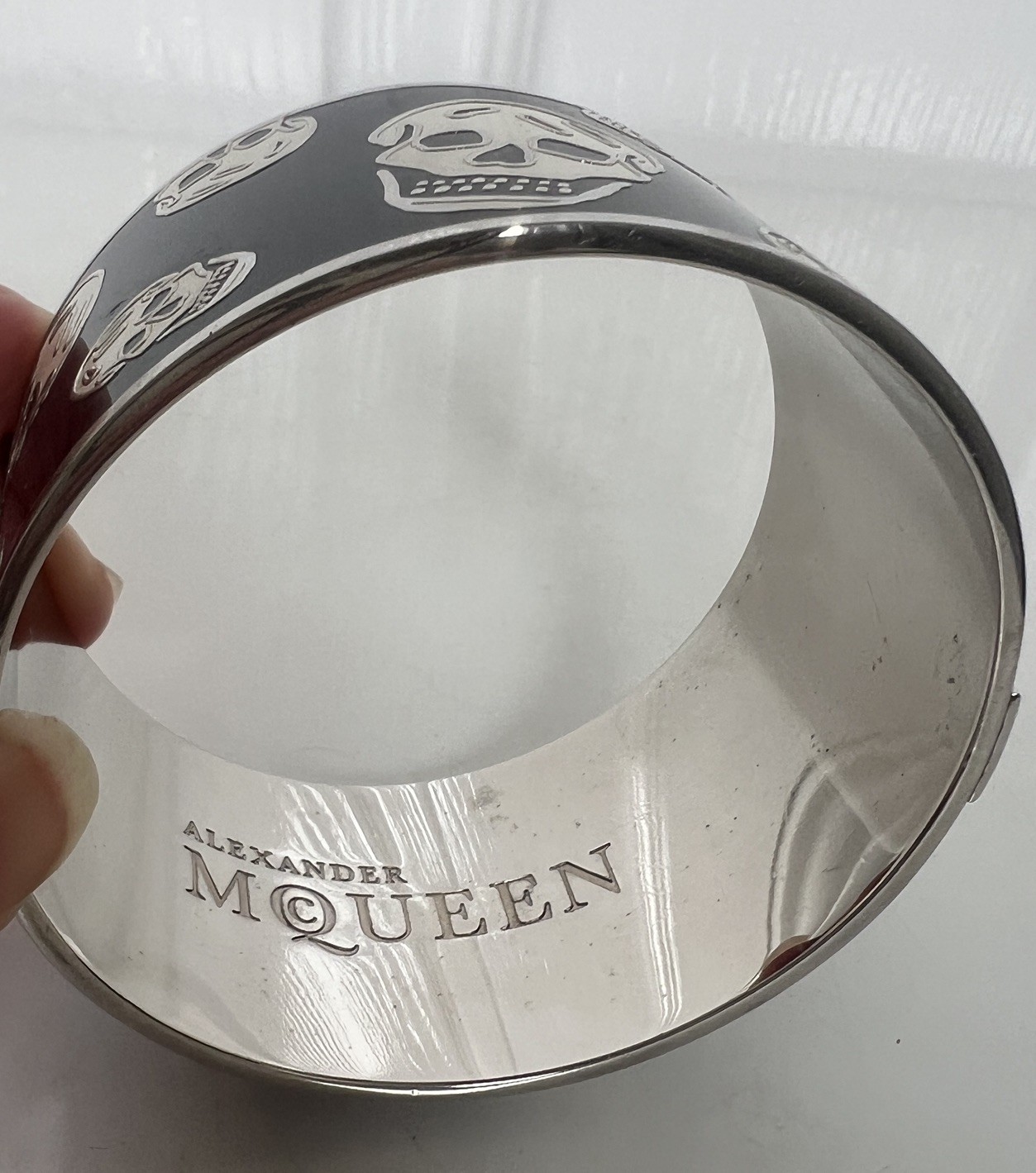 Alexander McQueen Skull Logo Icon Black White Enamel Silver Cuff Bracelet