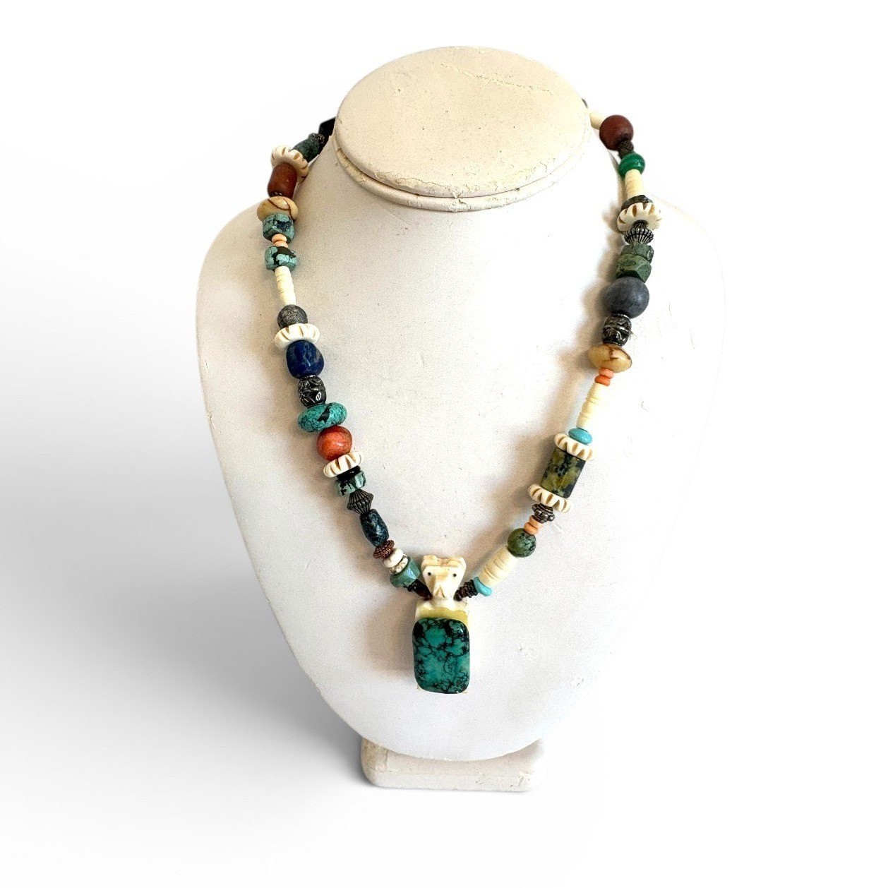 Handmade Beaded Bear Fetish Necklace Turquoise Lapis Bone Stone Southwestern
