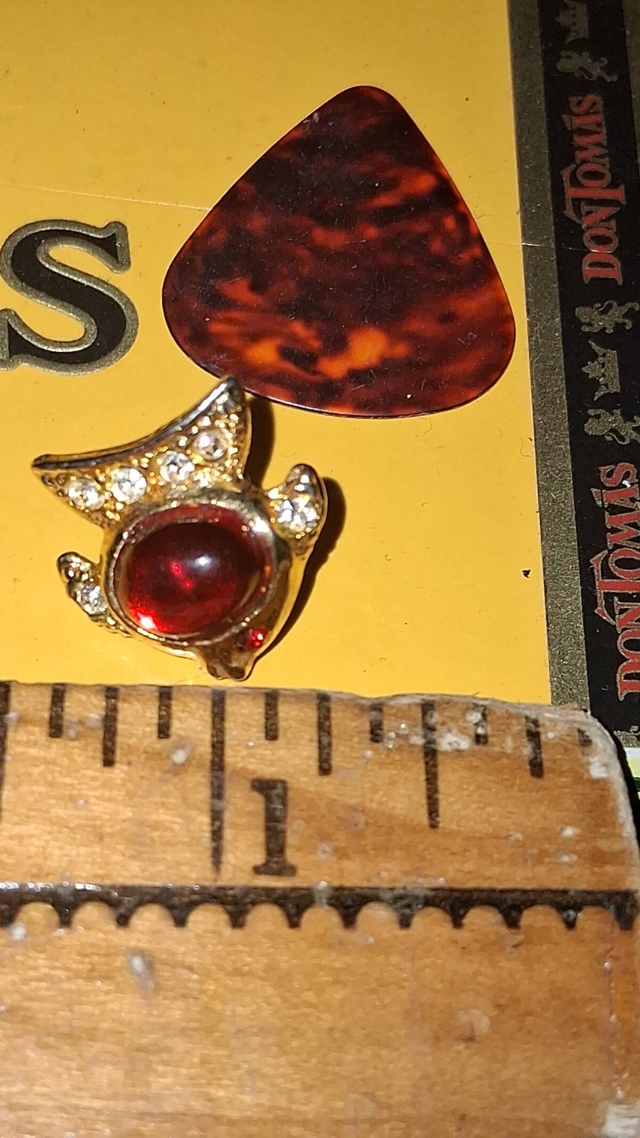 Gold Tone Fish Pin Brooch Red Round Rhinestone & Clear Rhinestones 1 in