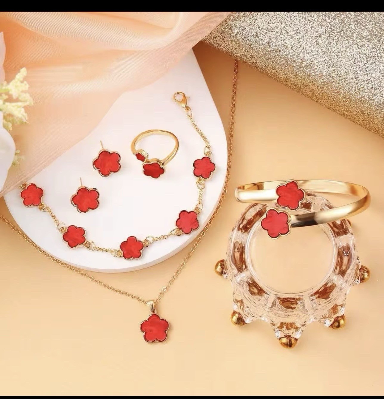 Gold Tone Red Clover Flower Jewelry Set Necklace Bracelet Earrings Ring
