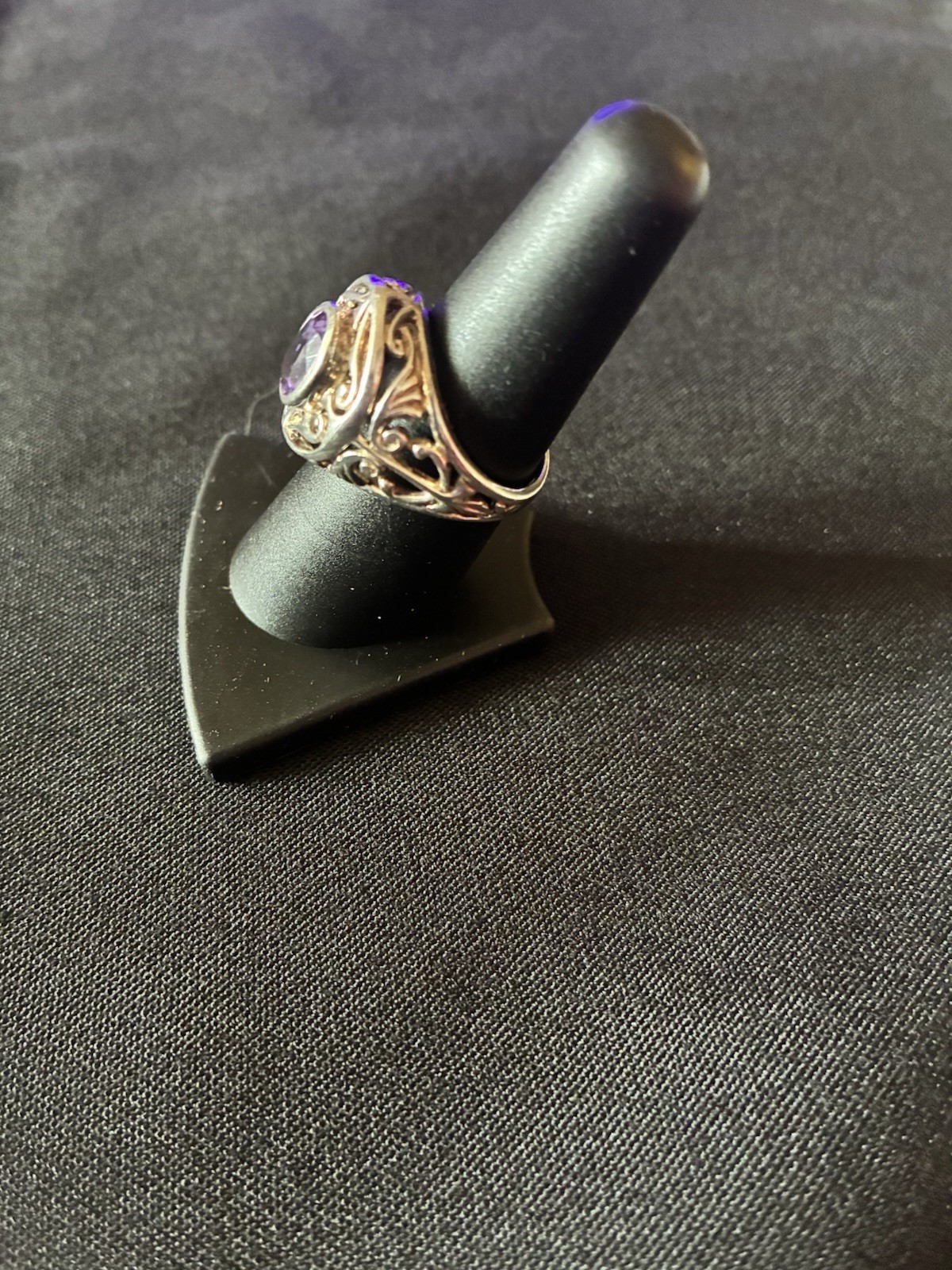 Oval Purple Amethyst Cocktail Ring Sterling Silver filigree size 7 1/2