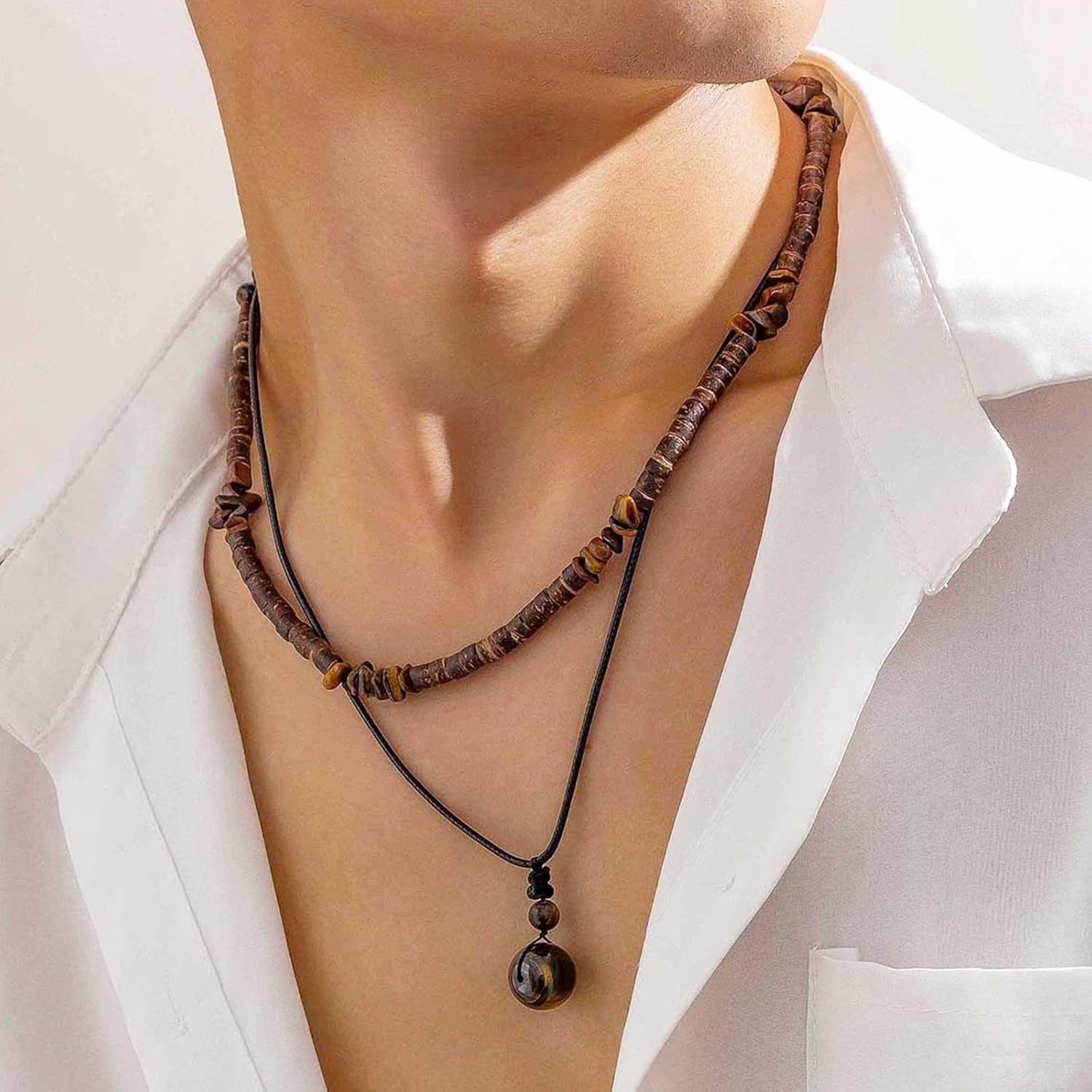 Layered Puka Shell Necklace for Men Brown Coconut Wood Beads Necklace Boho Mens