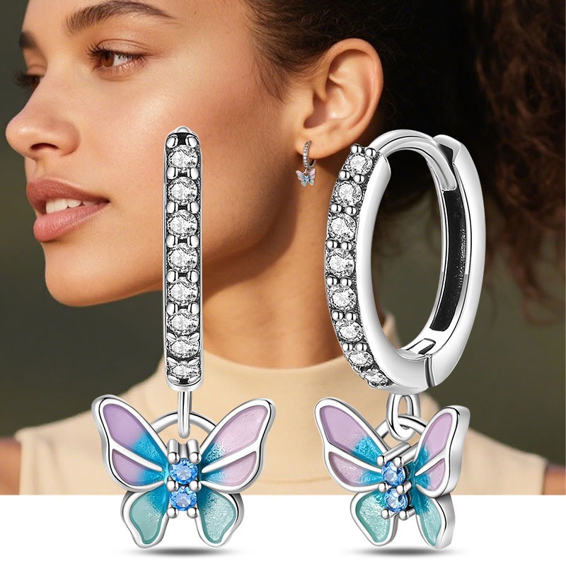 PANDACH 925 Sterling Silver Butterfly Hoop Earrings Drop Dangle Women Jewelry
