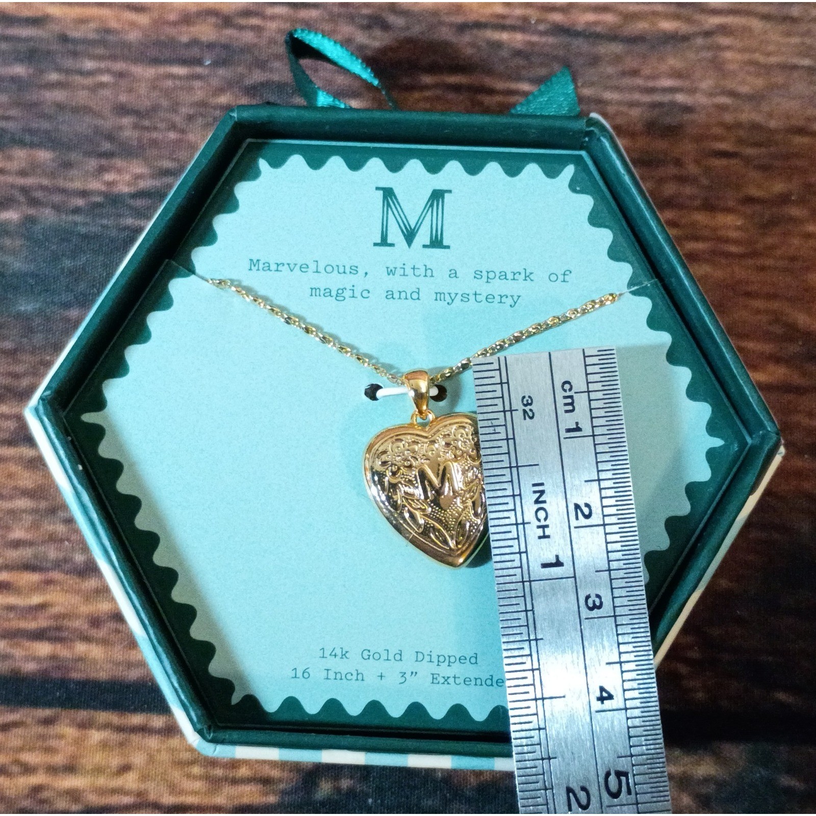 A New Day 14k Gold Dipped Initial M Heart Locket Necklace Floral Engraved Boxed