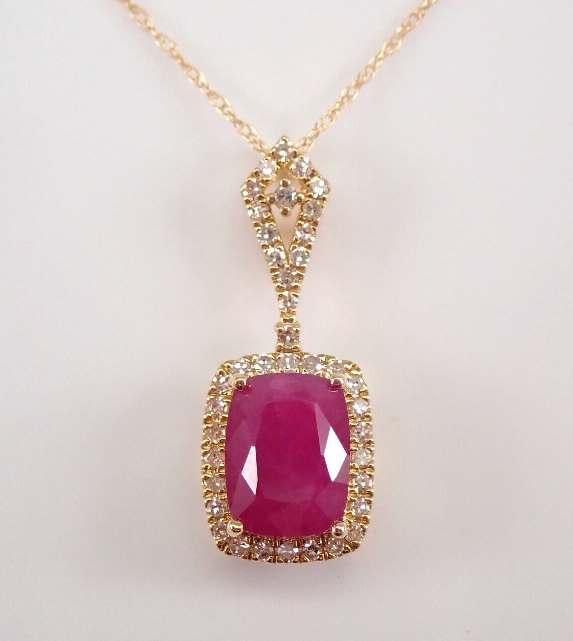 Cushion Simulated Pink Ruby Halo Women’s Pendant Chain In 14k Yellow Gold Plated