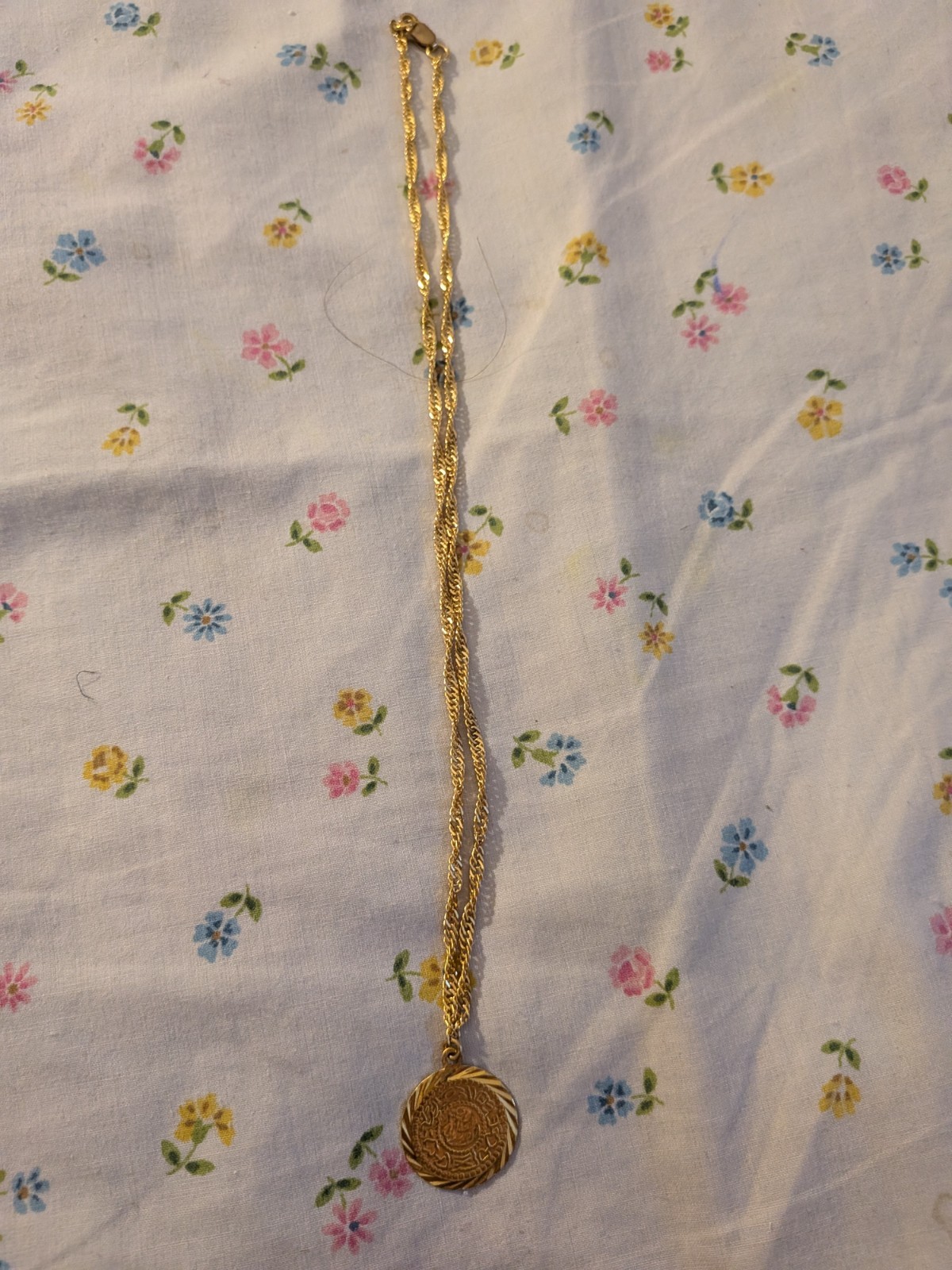 This gold-toned necklace- circular medallion pendant – delicate rope chain.
