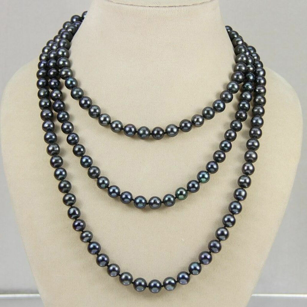 7-8mm Genuine Natural Peacock Black Akoya Freshwater Pearl Long Necklace 50″
