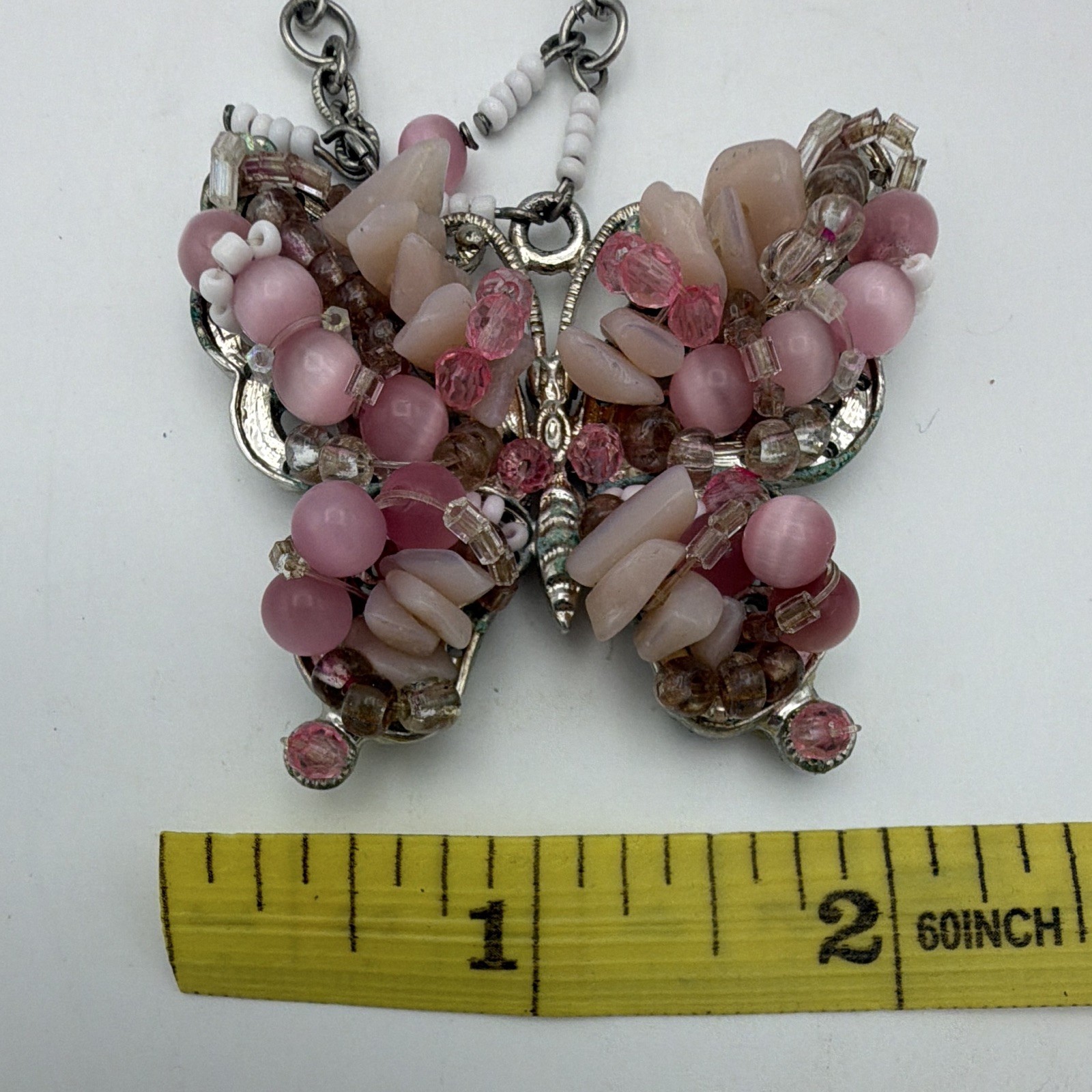 Pink Crystal Beaded Necklace Silver Tone Chain Butterfly Charm Lobster 18+3in