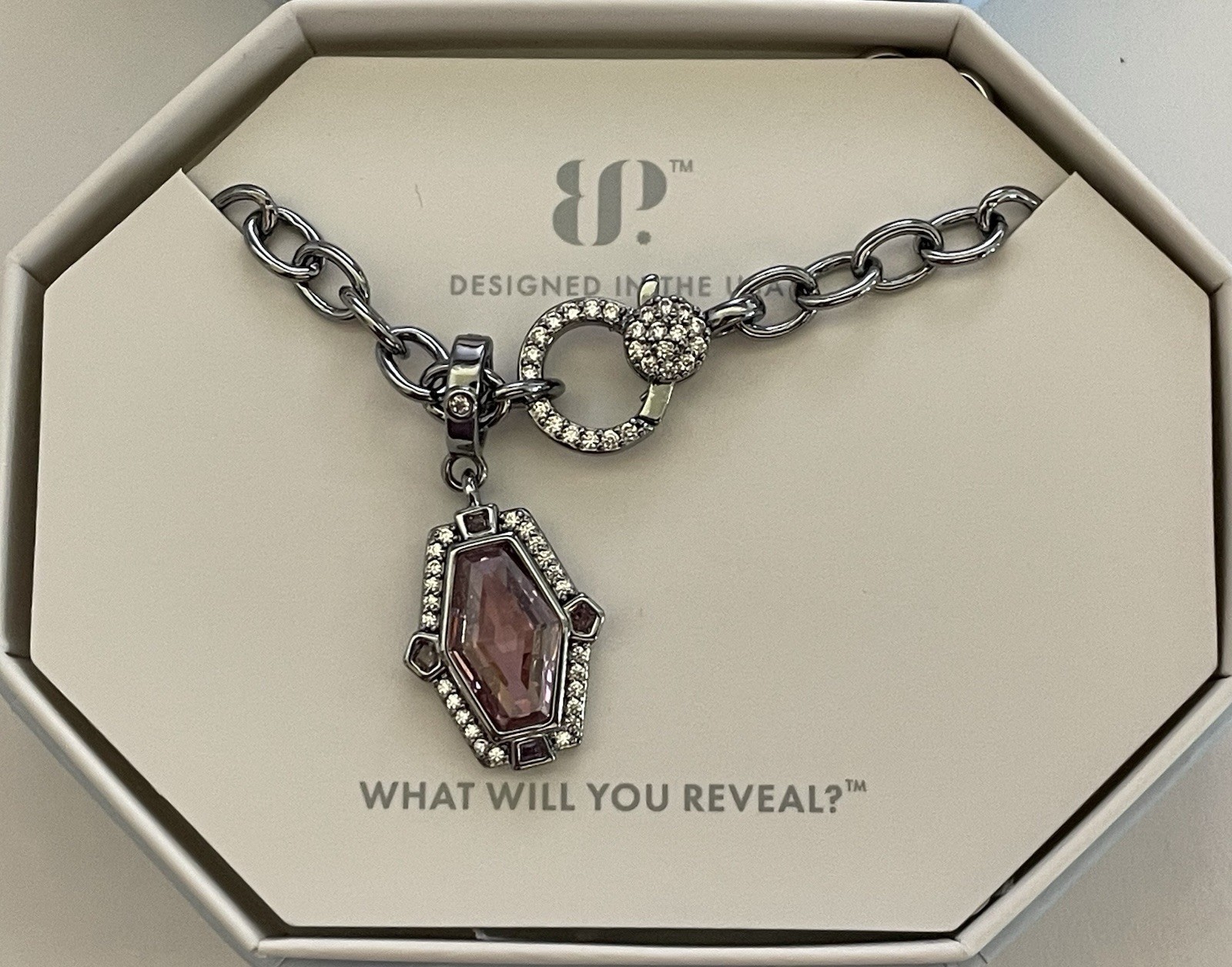 Bomb Party Necklace “Regal Attitude” NK86848 Rose Quartz CZ Hematite Plated