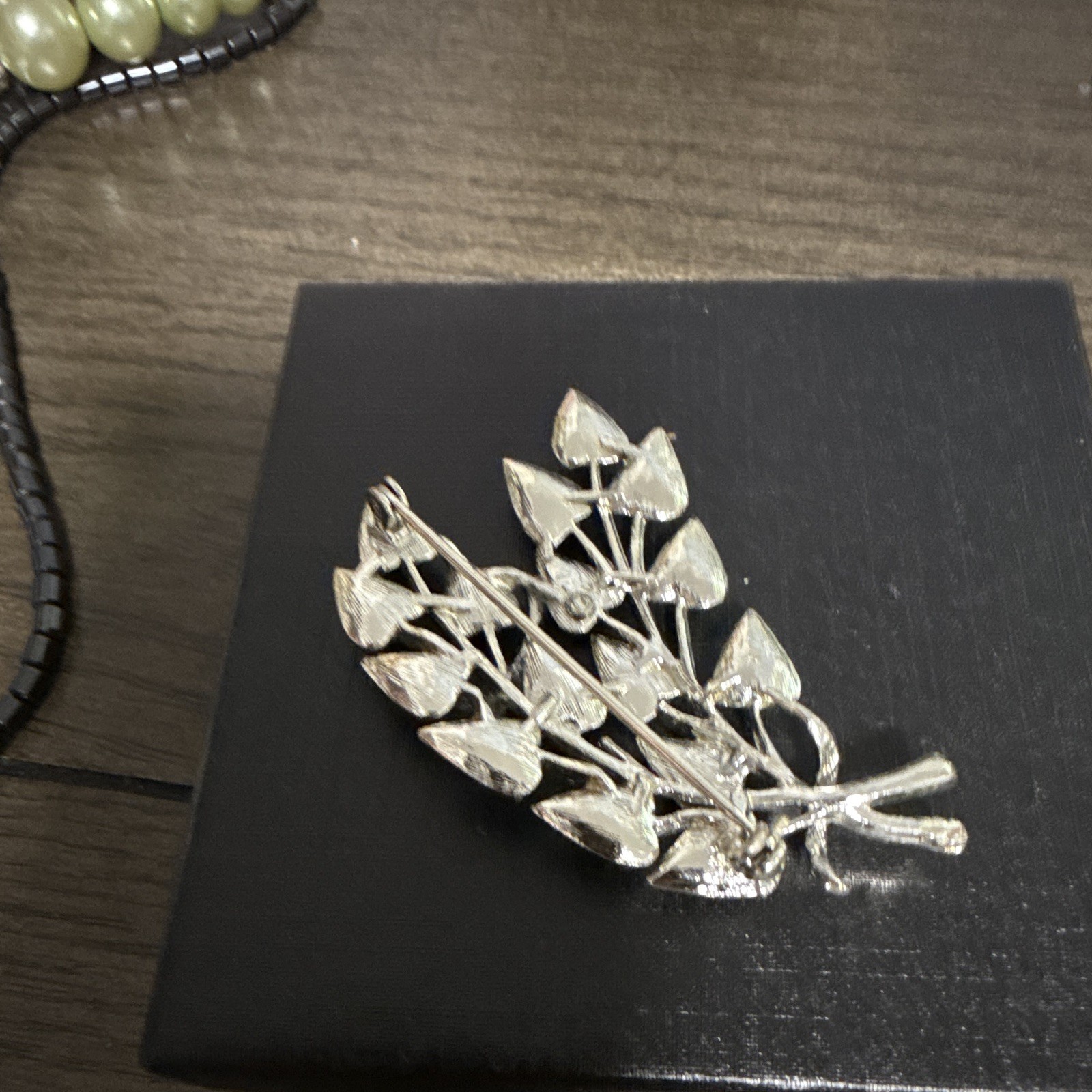 Silver Leaf Branch Brooch Pin with White/Colorless Crystal Rhinestones