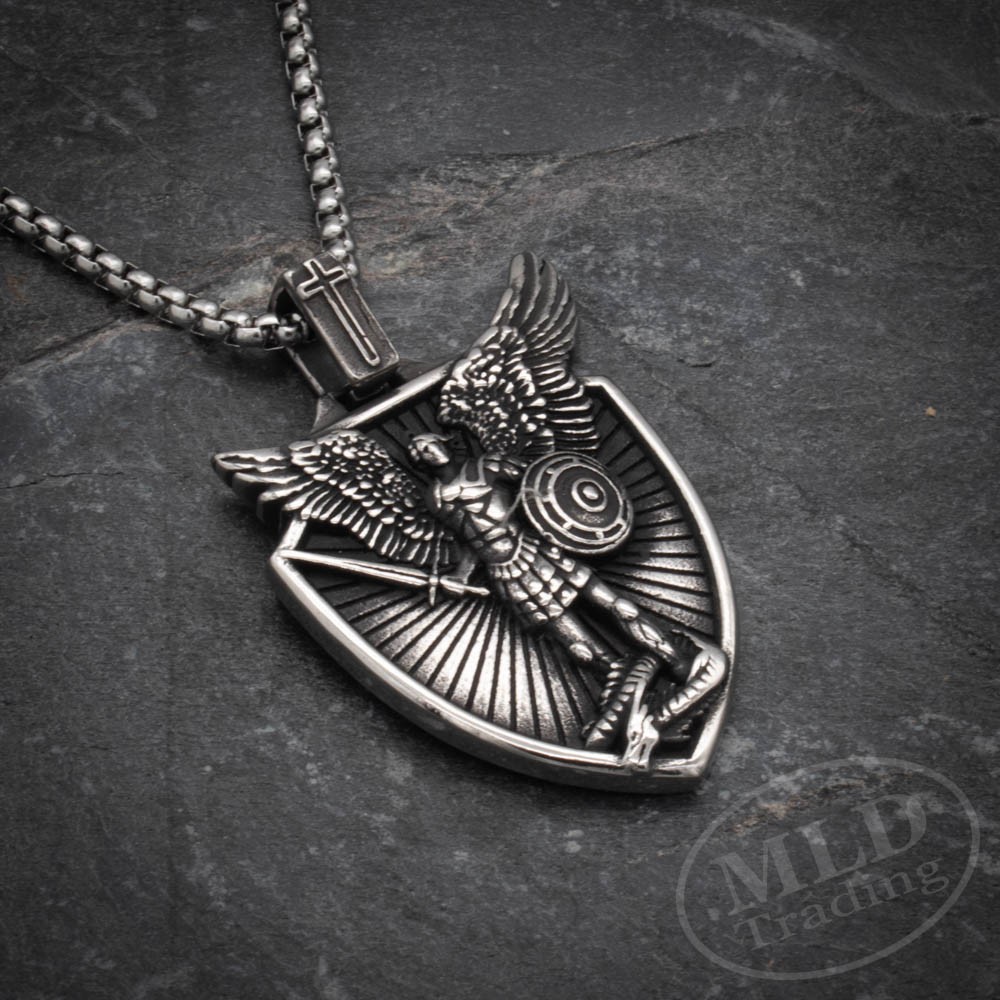 Saint St Michael Shield Pendant Necklace – Stainless Steel Archangel 24″ Chain