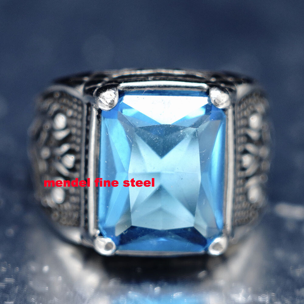 MENDEL Mens Blue CZ Aquamarine Square Stone Ring Stainless Steel Size 7 8 9-15