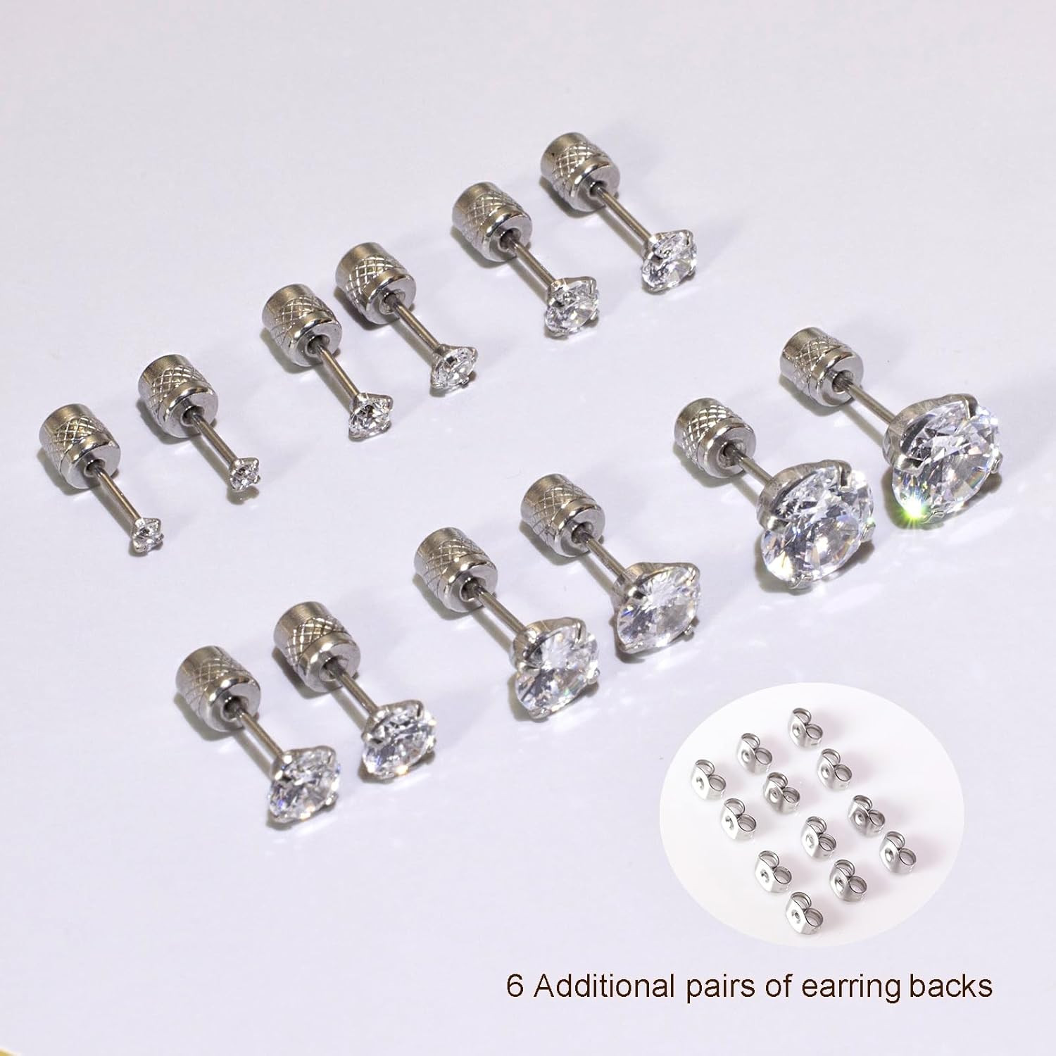 Threadless Flat Back Stud Earrings, 6 Pairs Titanium Hypoallergenic Earrings for