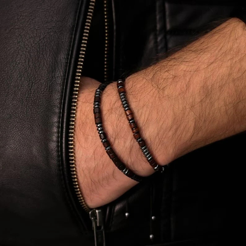 Natural Hematite Wood Beads Morse Code Bracelet Healing Gemstone Jewelry Gift