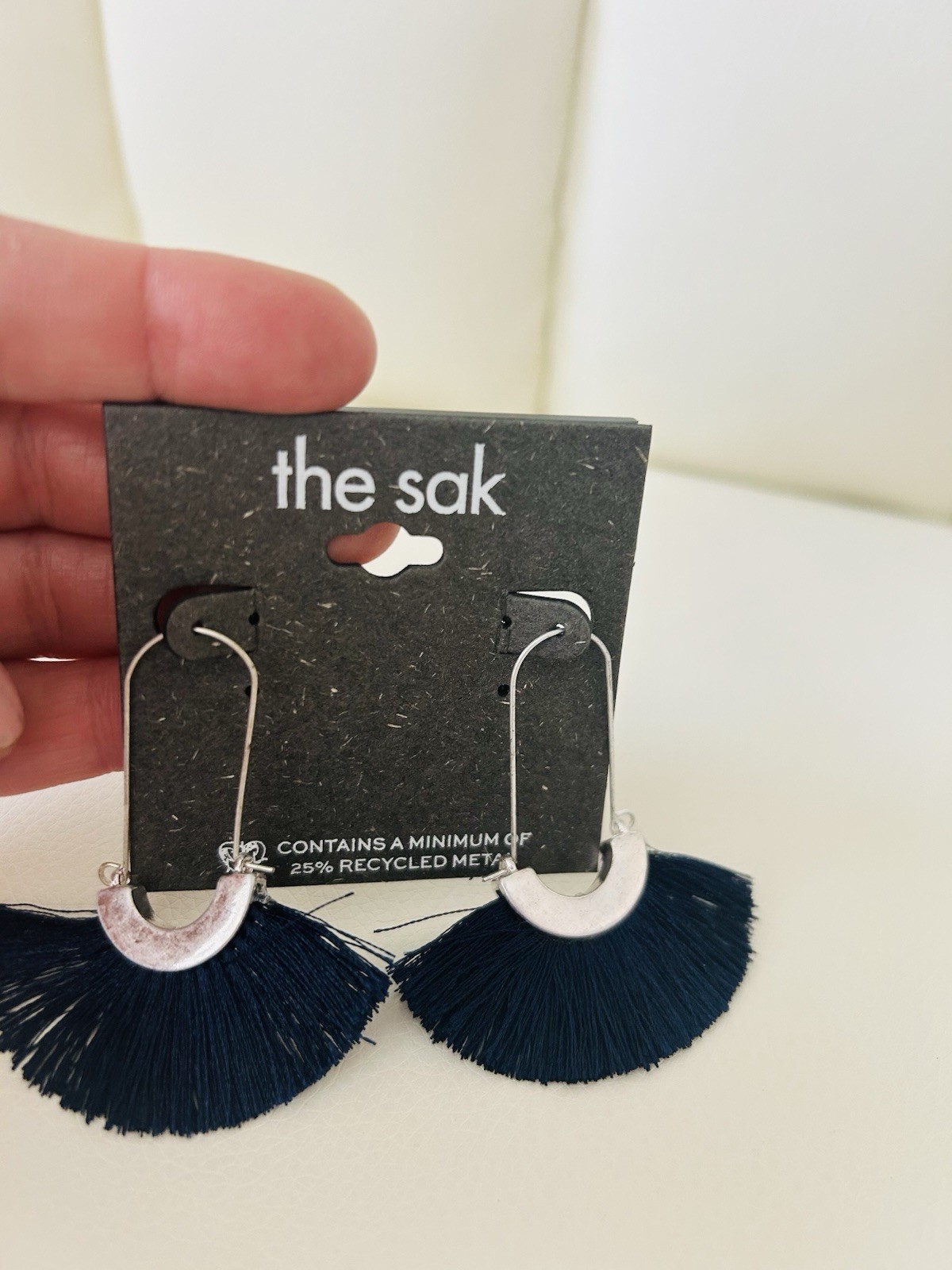 The Sak Blue & Silver Tassel Fan Dangle Drop Hook Earrings No Stone