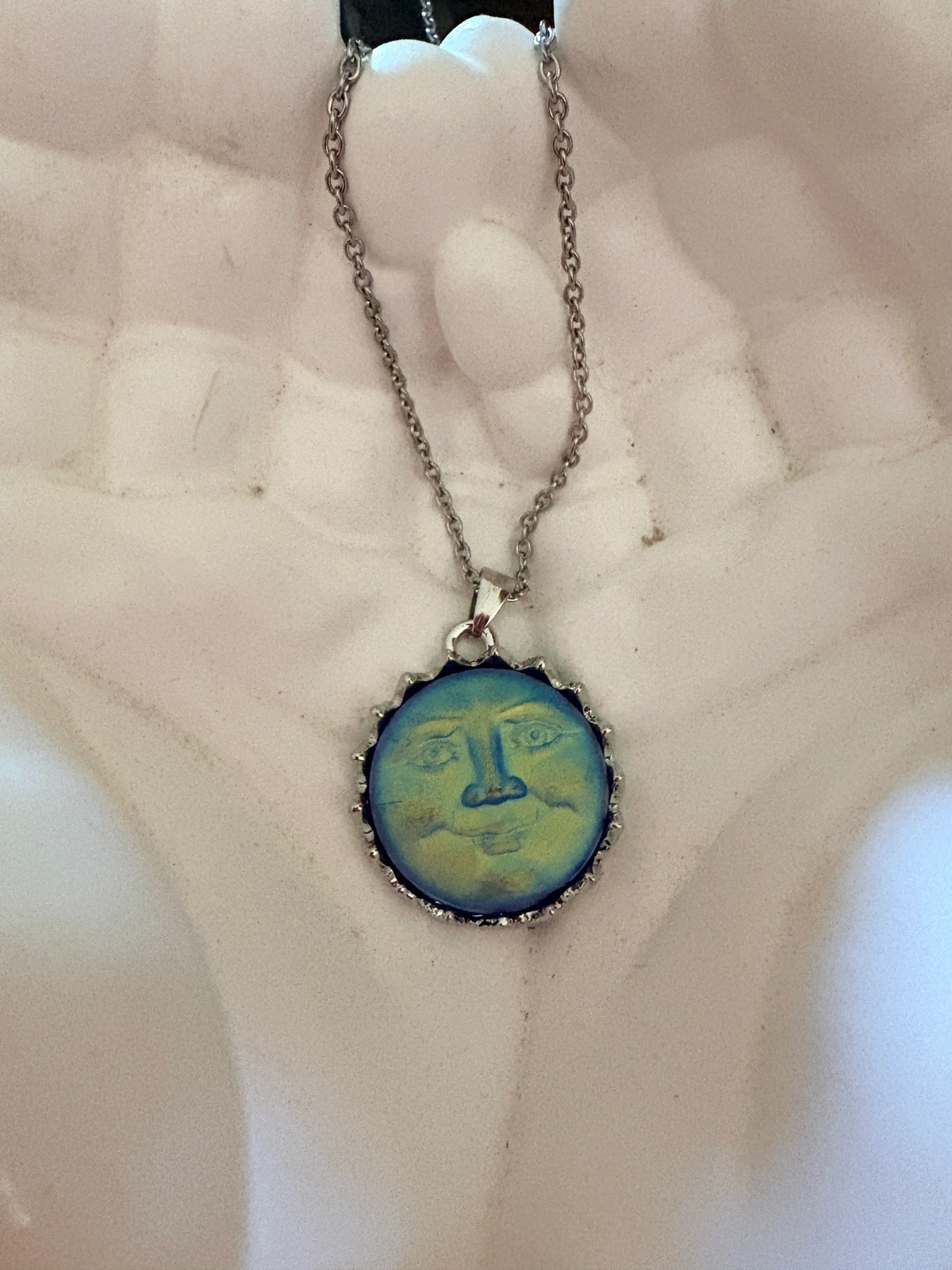 Iridescent Blue Moon Face Pendant Necklace