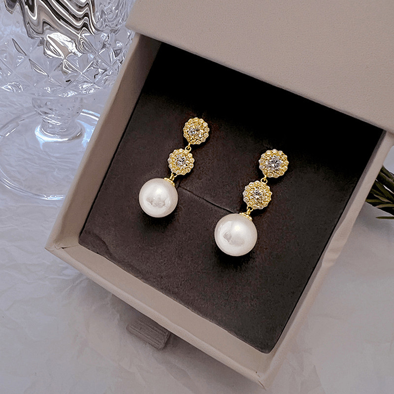 Women’s New Inlaid Rhinestone Tassel Ear Studs Imitation Pearl Pendant Earrings