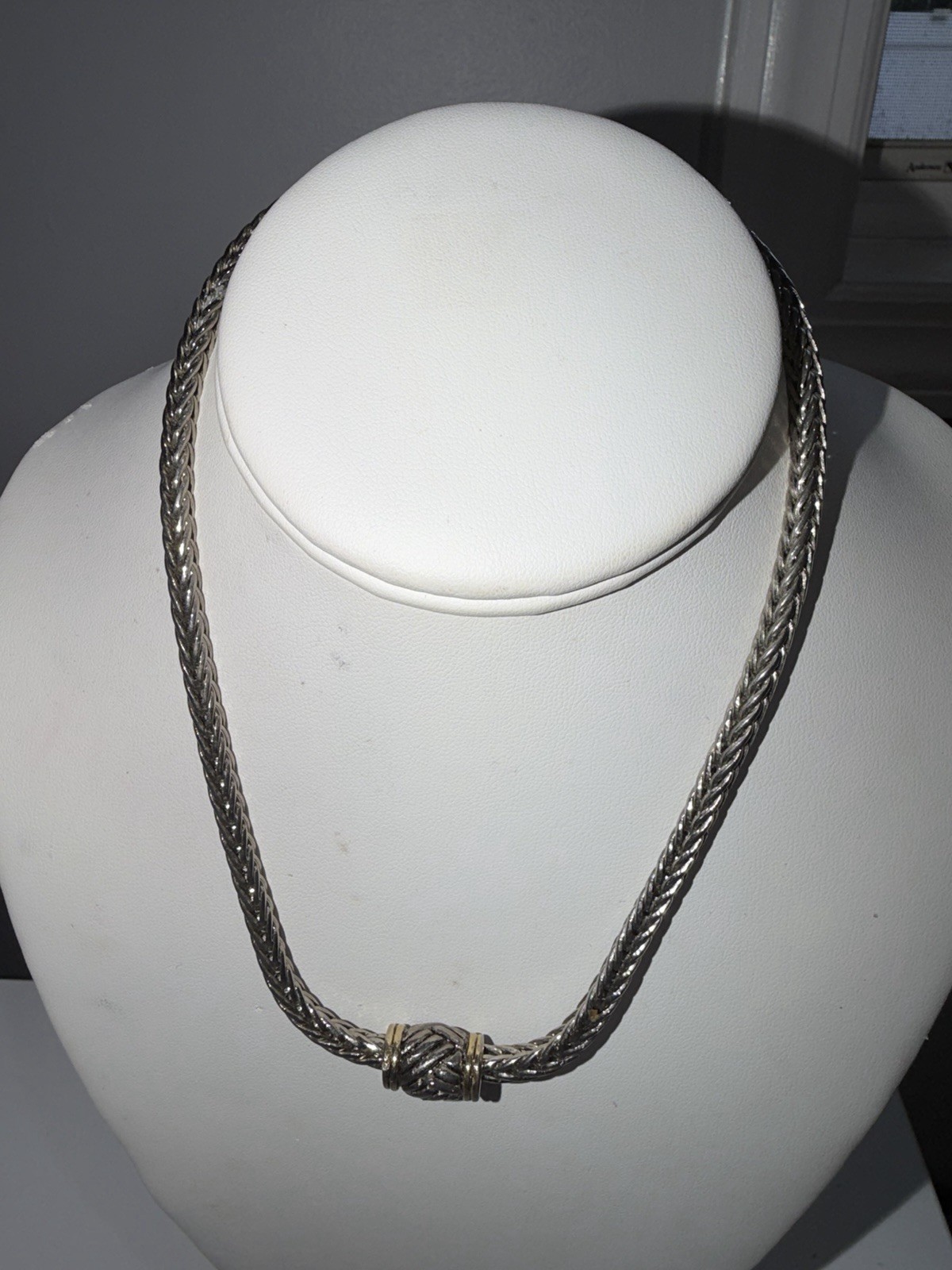 Chico’s Silver & Gold Tone Braided Chain Knot Necklace Magnetic Clasp