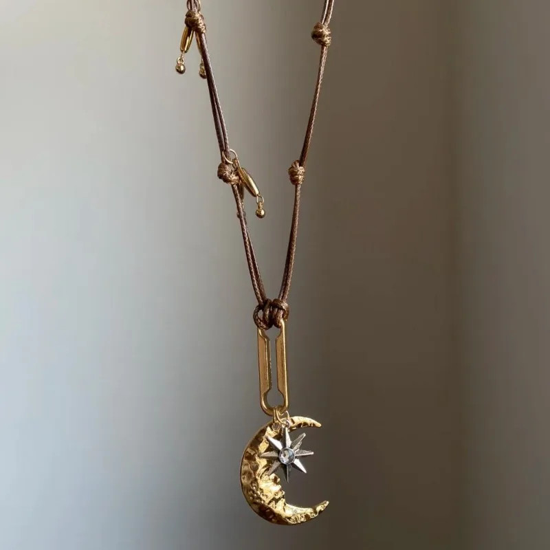 Vintage Gold Color Moon Star Pendant Necklace for Women Brown Leather Cord Adjus