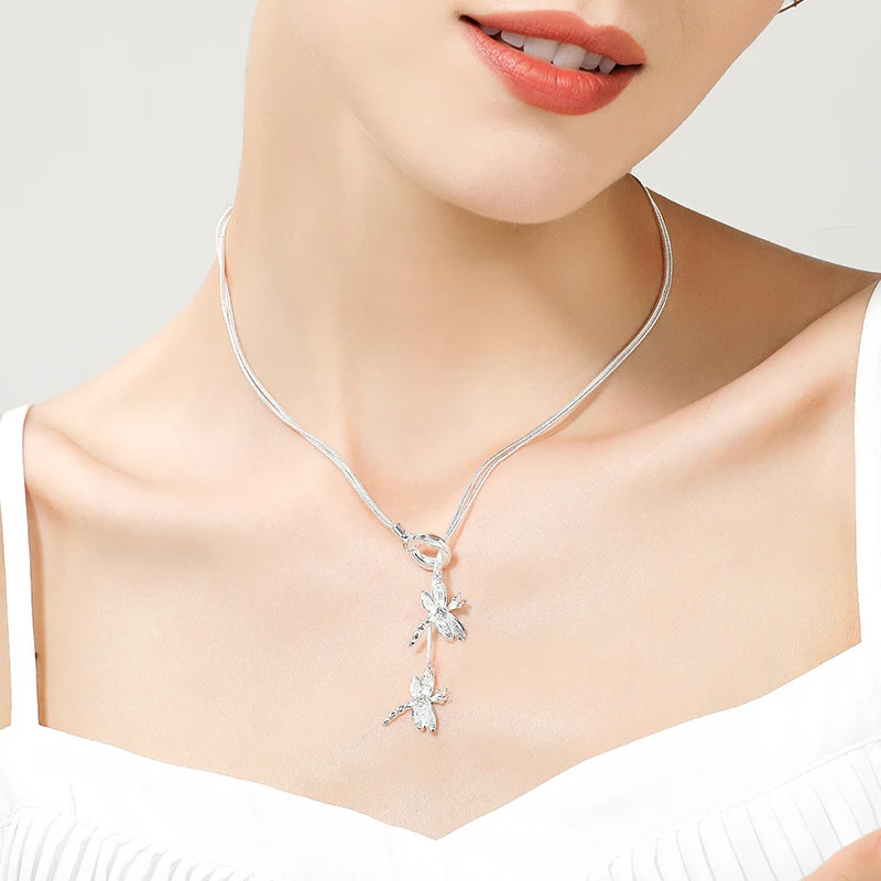 DOTEFFIL 925 Sterling Silver Dragonfly Two Dragonfly Pendant Necklace for Women