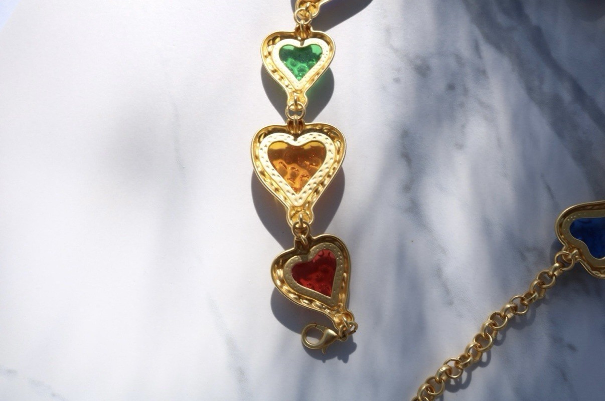 Multi Color Acrylic Textured Heart Matte Gold Toned Statement Runway