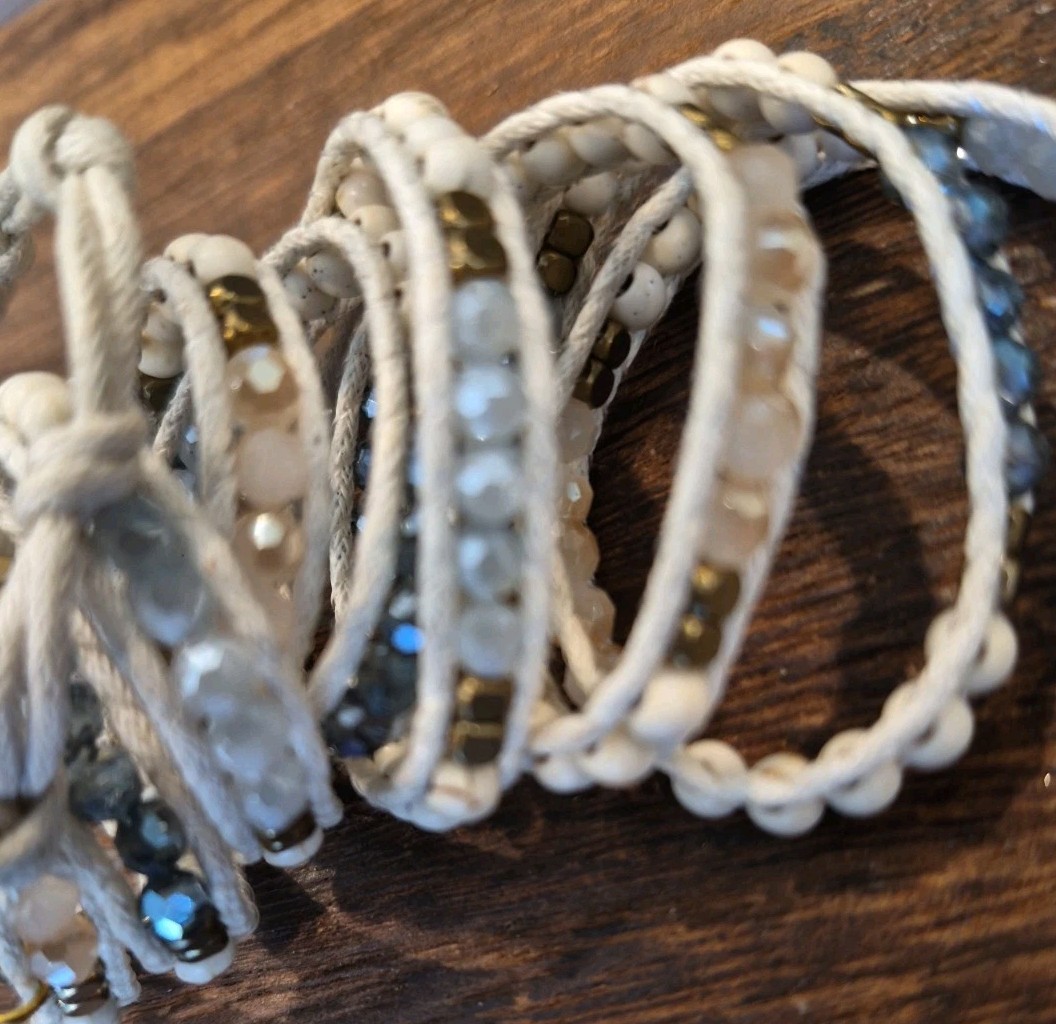 Liv Thai Boho Blue, Cream, Gold, & Gray Hues Faceted Bead Wrap Bracelet