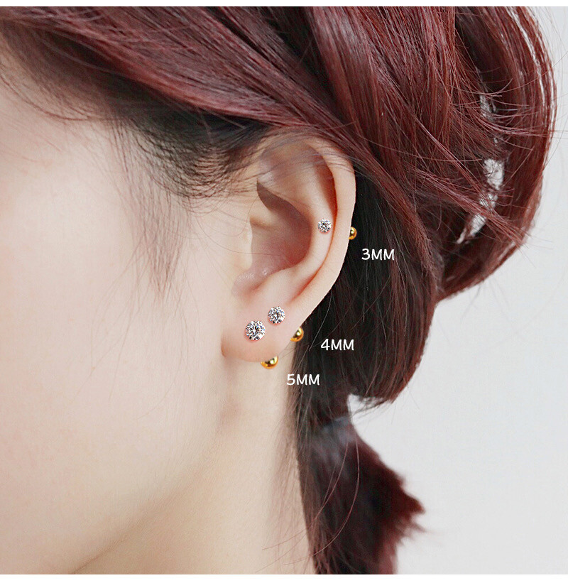 Gold Round CZ Crystal Stud Earrings Screw Back Surgical Steel Ear Stud 2-6mm 2PC